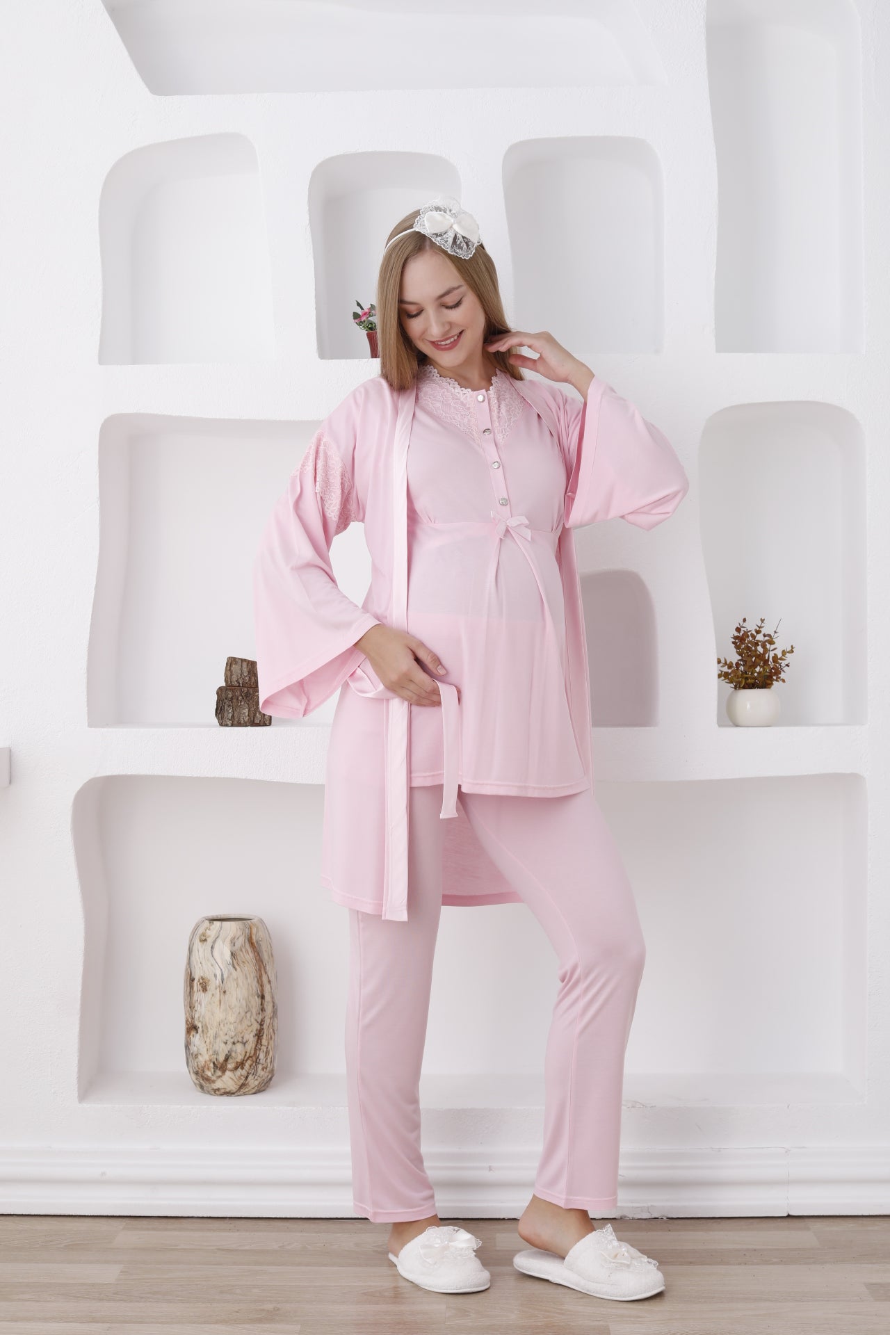 Hamile Giyim / Düğmeli Ve Uzun Kollu Pijama Ve Sabahlıklı Takım - 3420