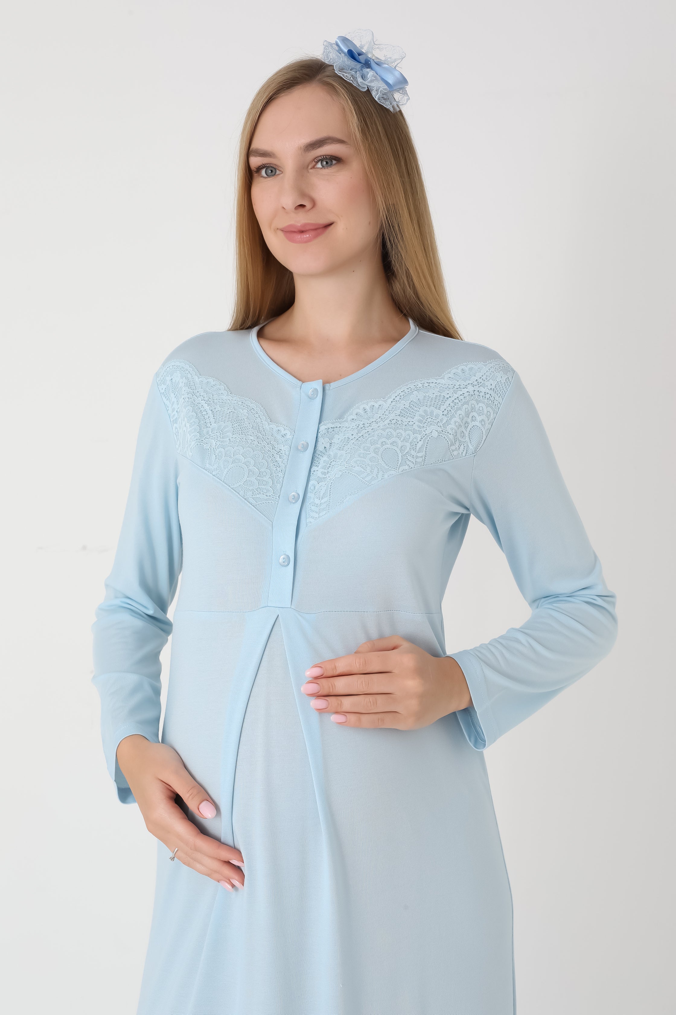 Hamile Lohusa Gecelik & Kareli Jakarlı Sabahlık 2’li Set – Viskoz Pamuk Kumaş, Düğmeli Emzirme - 2313