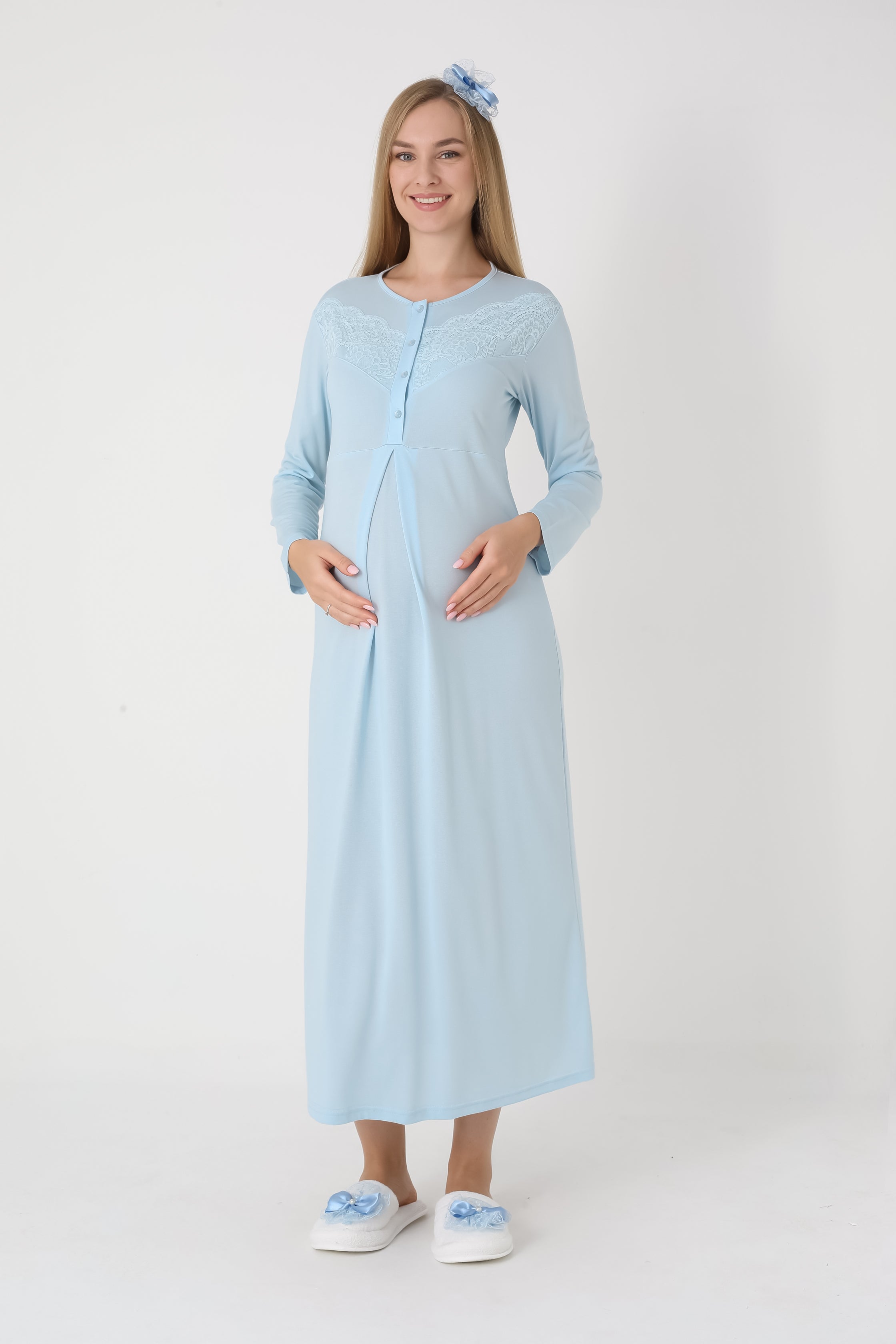 Hamile Lohusa Gecelik & Kareli Jakarlı Sabahlık 2’li Set – Viskoz Pamuk Kumaş, Düğmeli Emzirme - 2313