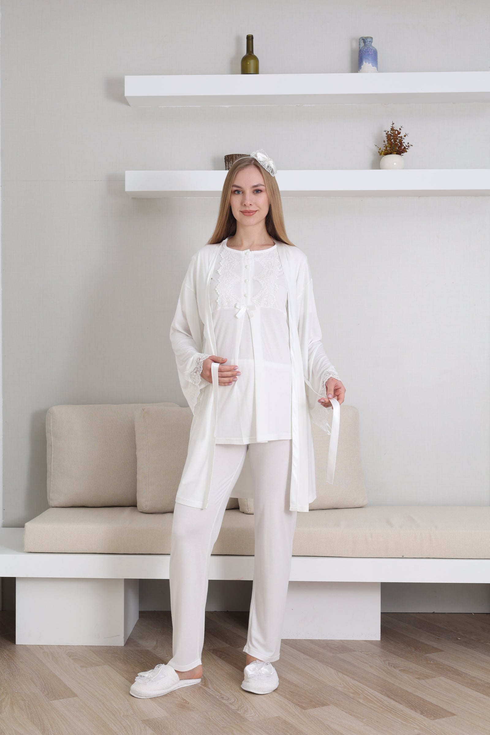 Hamile Kısa Kol Pijama ve Uzun Kol Sabahlık Takım/ Düğme Dantel Yaka ve Kol - 3433