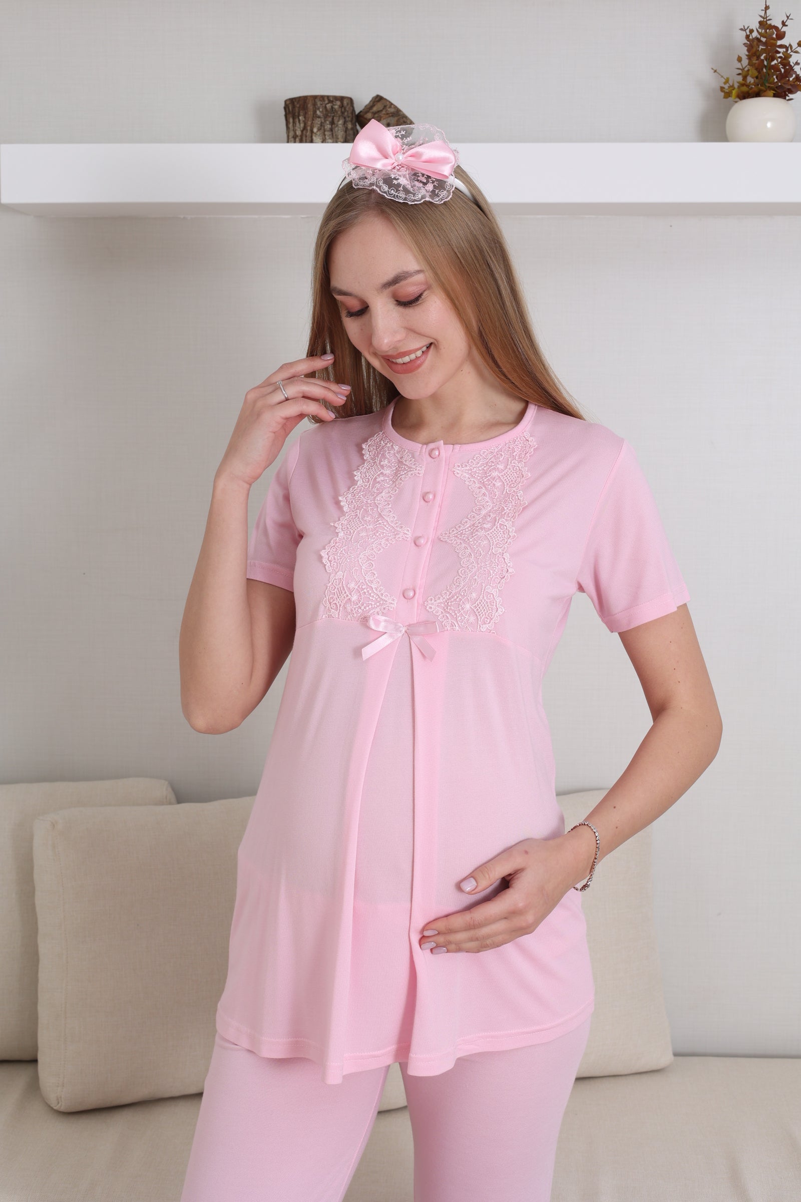 Hamile Kısa Kol Pijama ve Uzun Kol Sabahlık Takım/ Düğme Dantel Yaka ve Kol - 3433
