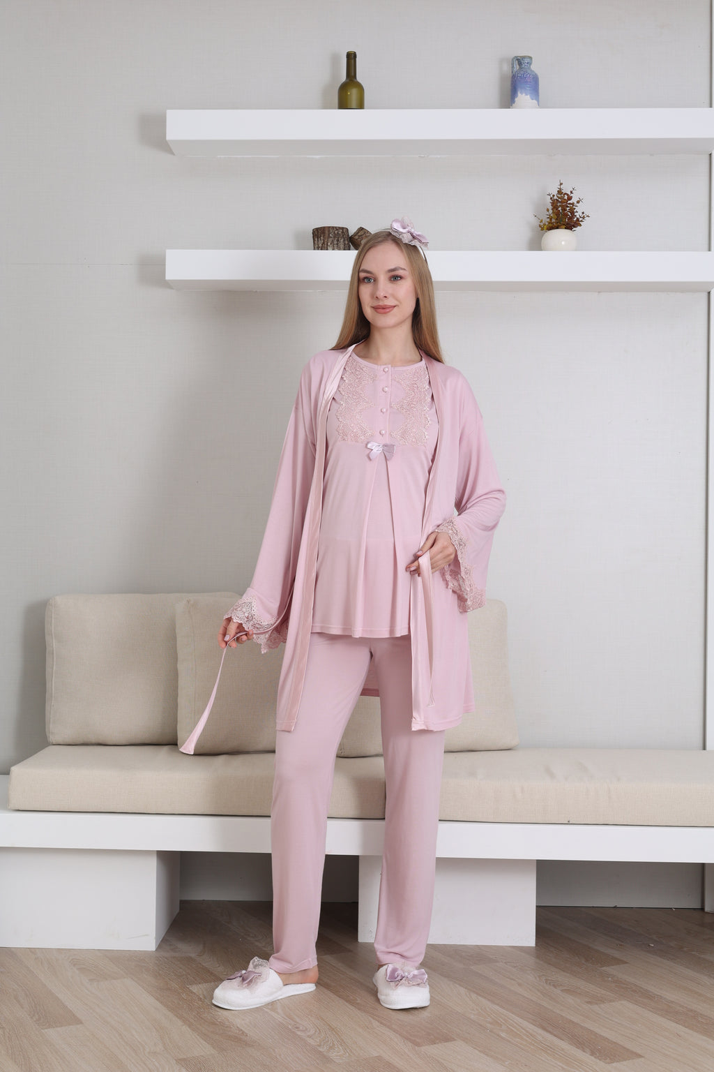 Hamile Kısa Kol Pijama ve Uzun Kol Sabahlık Takım/ Düğme Dantel Yaka ve Kol - 3433