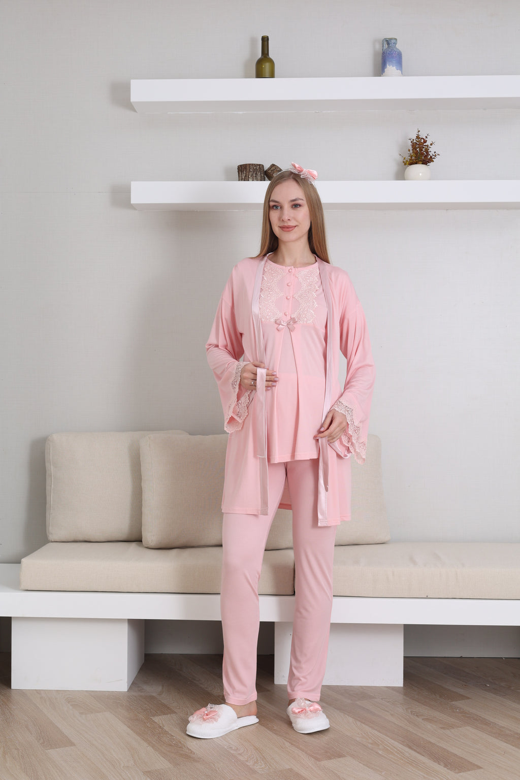 Hamile Kısa Kol Pijama ve Uzun Kol Sabahlık Takım/ Düğme Dantel Yaka ve Kol - 3433