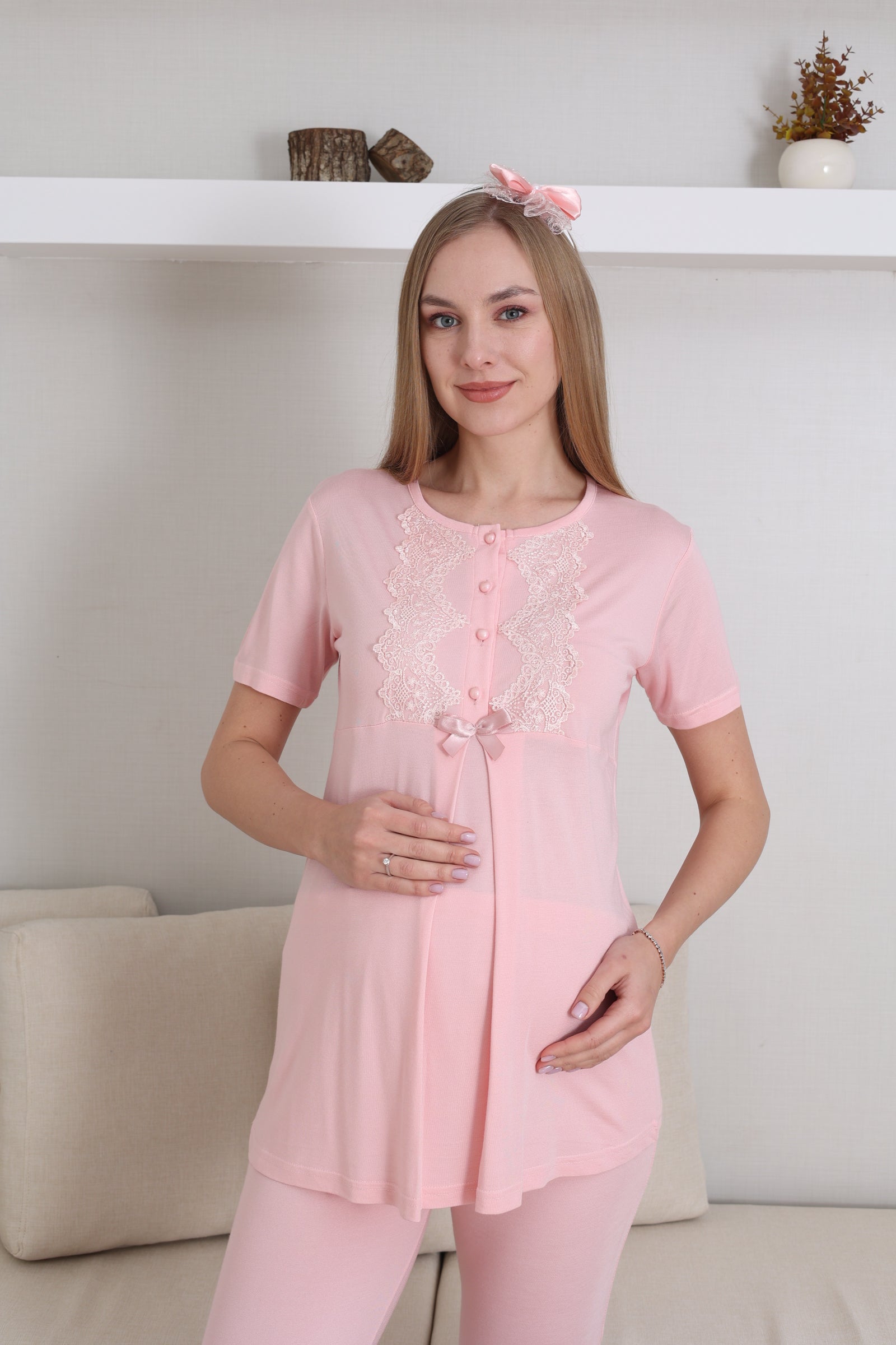 Hamile Kısa Kol Pijama ve Uzun Kol Sabahlık Takım/ Düğme Dantel Yaka ve Kol - 3433