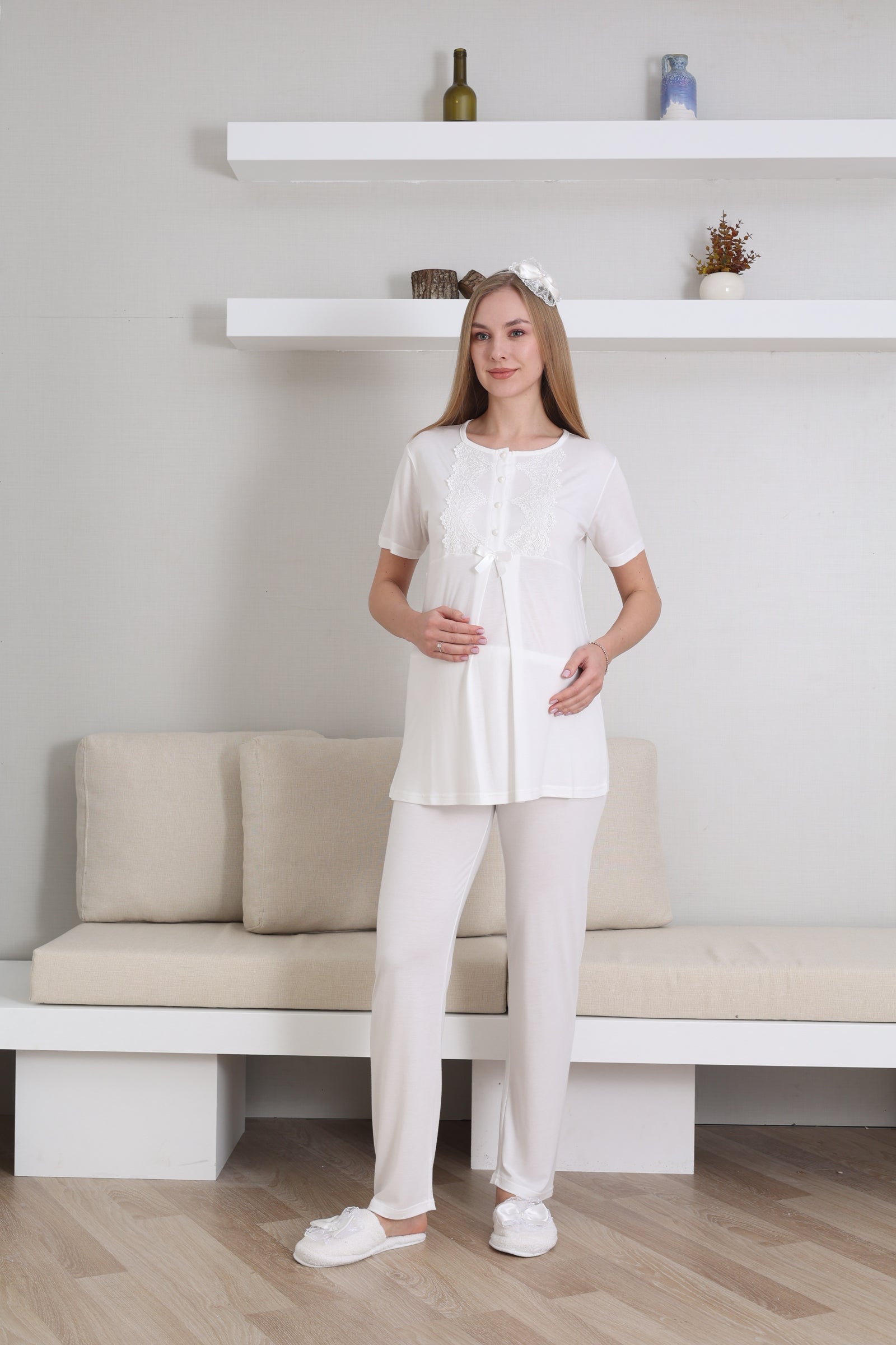 Hamile Kısa Kol Pijama ve Uzun Kol Sabahlık Takım/ Düğme Dantel Yaka ve Kol - 3433