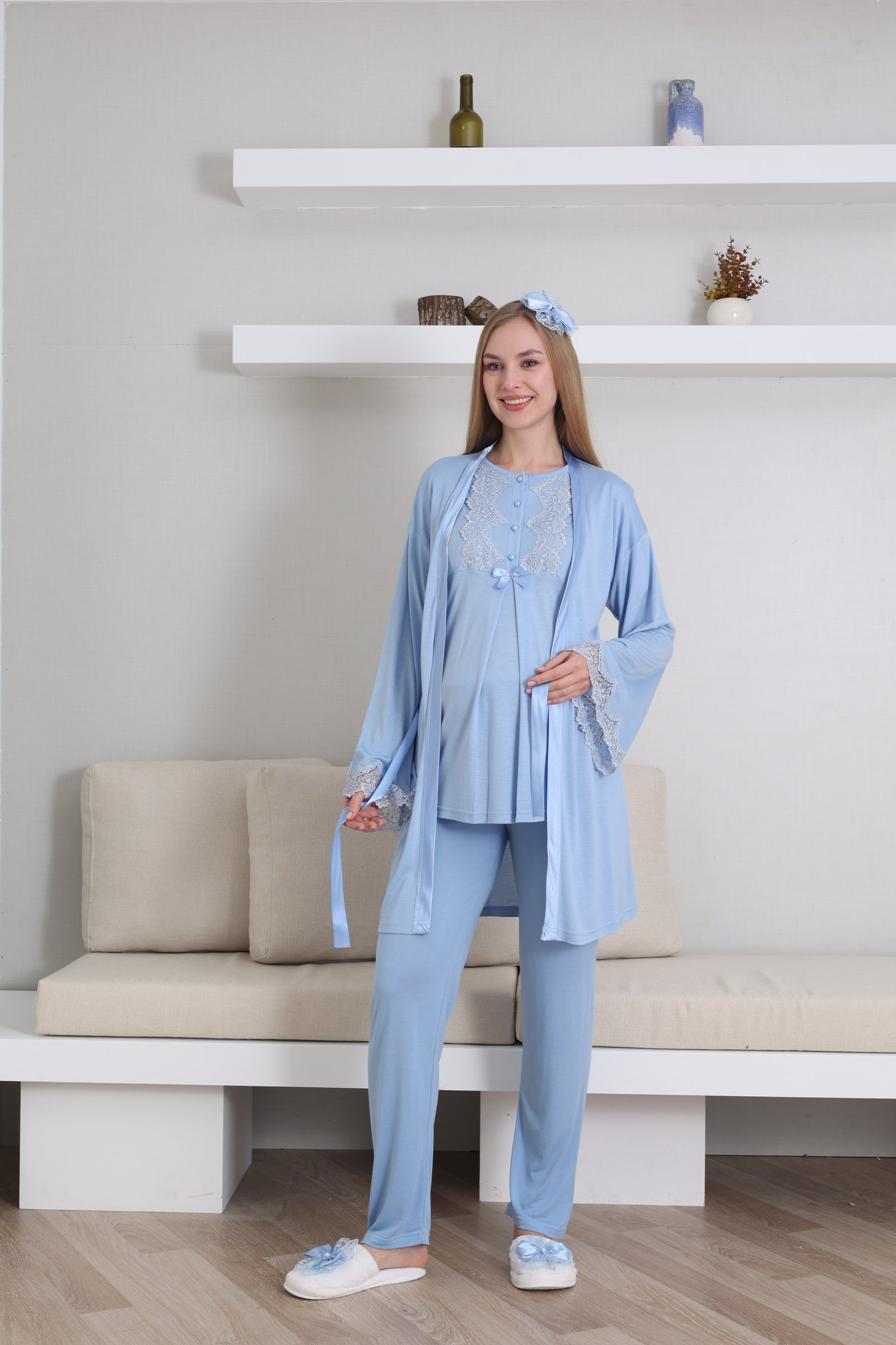 Hamile Kısa Kol Pijama ve Uzun Kol Sabahlık Takım/ Düğme Dantel Yaka ve Kol - 3433