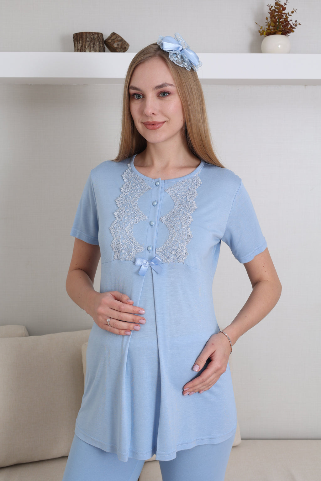 Hamile Kısa Kol Pijama ve Uzun Kol Sabahlık Takım/ Düğme Dantel Yaka ve Kol - 3433