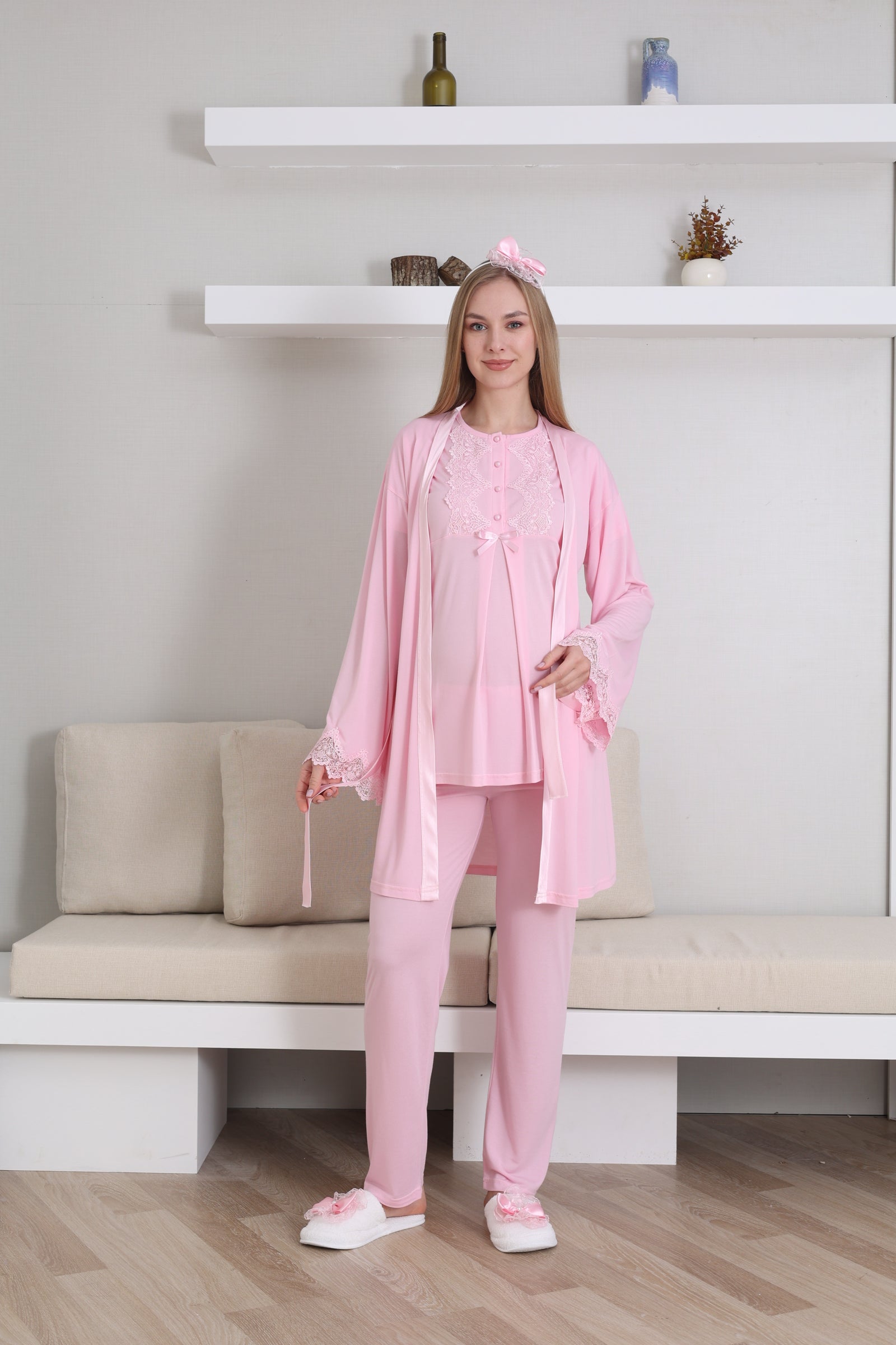 Hamile Kısa Kol Pijama ve Uzun Kol Sabahlık Takım/ Düğme Dantel Yaka ve Kol - 3433