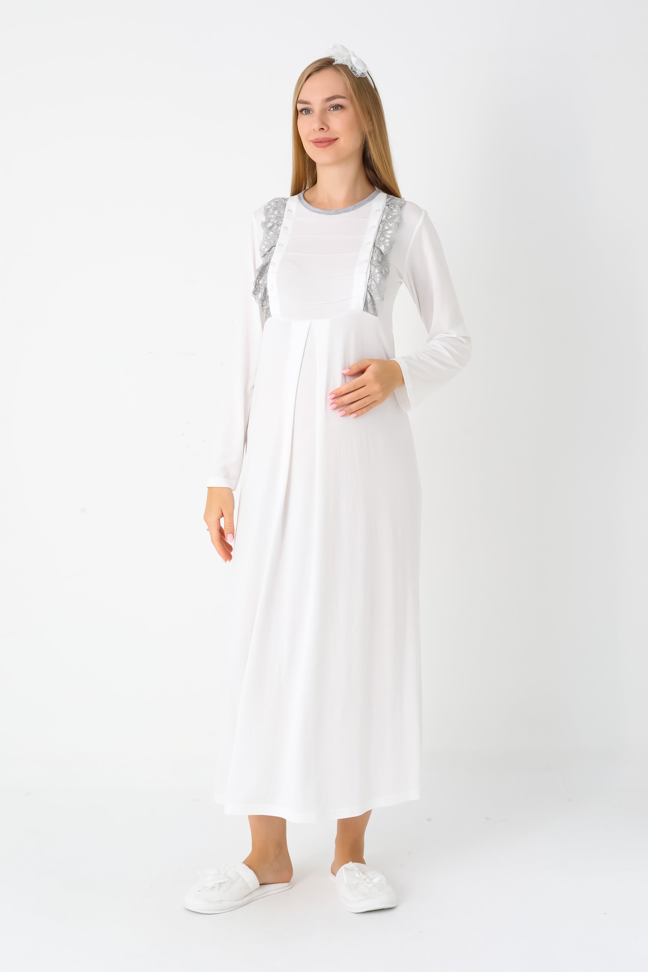 Hamile Lohusa Gecelik & Sabahlık 2’li Set – Puantiyeli Pamuklu Kumaş, Çift Taraflı Düğmeli Emzirme - 2308