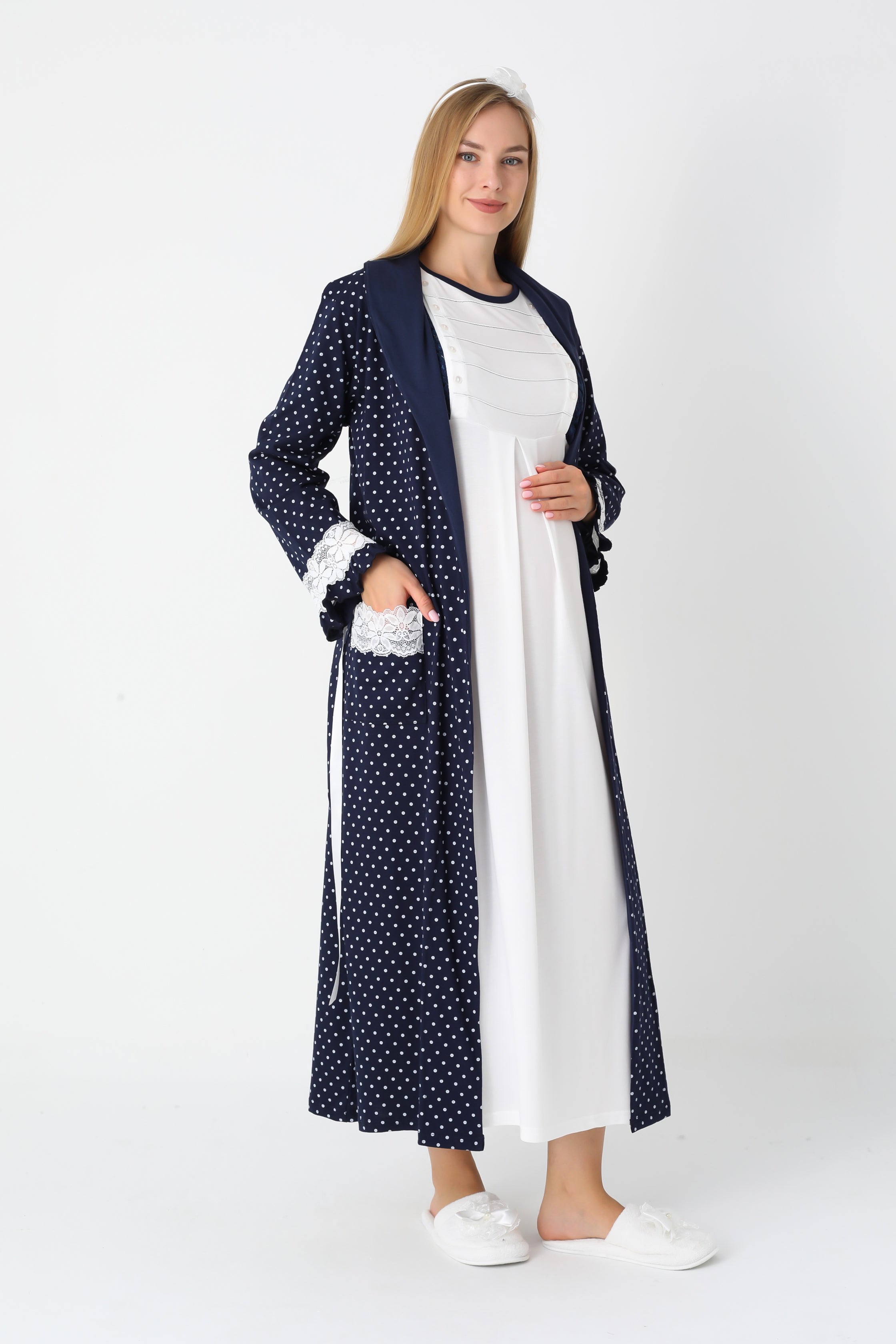 Hamile Lohusa Gecelik & Sabahlık 2’li Set – Puantiyeli Pamuklu Kumaş, Çift Taraflı Düğmeli Emzirme - 2308