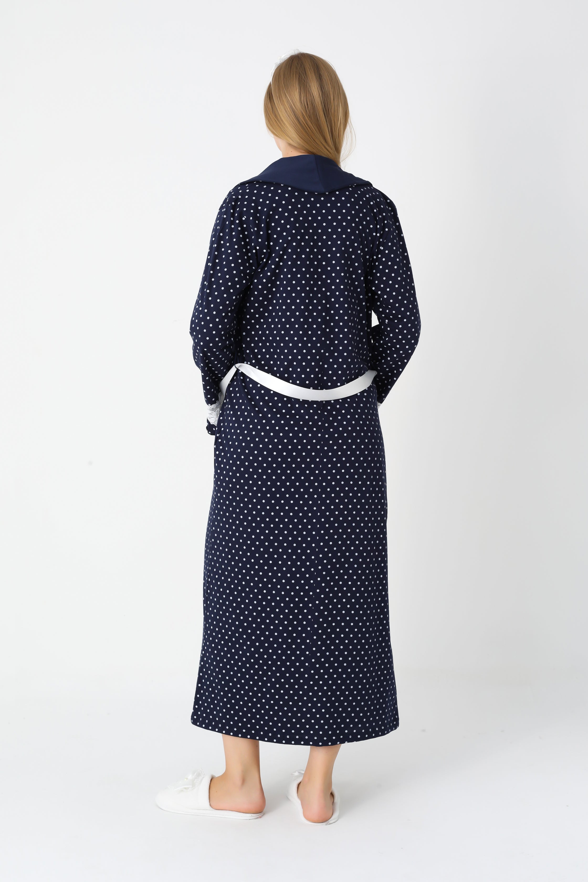 Hamile Lohusa Gecelik & Sabahlık 2’li Set – Puantiyeli Pamuklu Kumaş, Çift Taraflı Düğmeli Emzirme - 2308