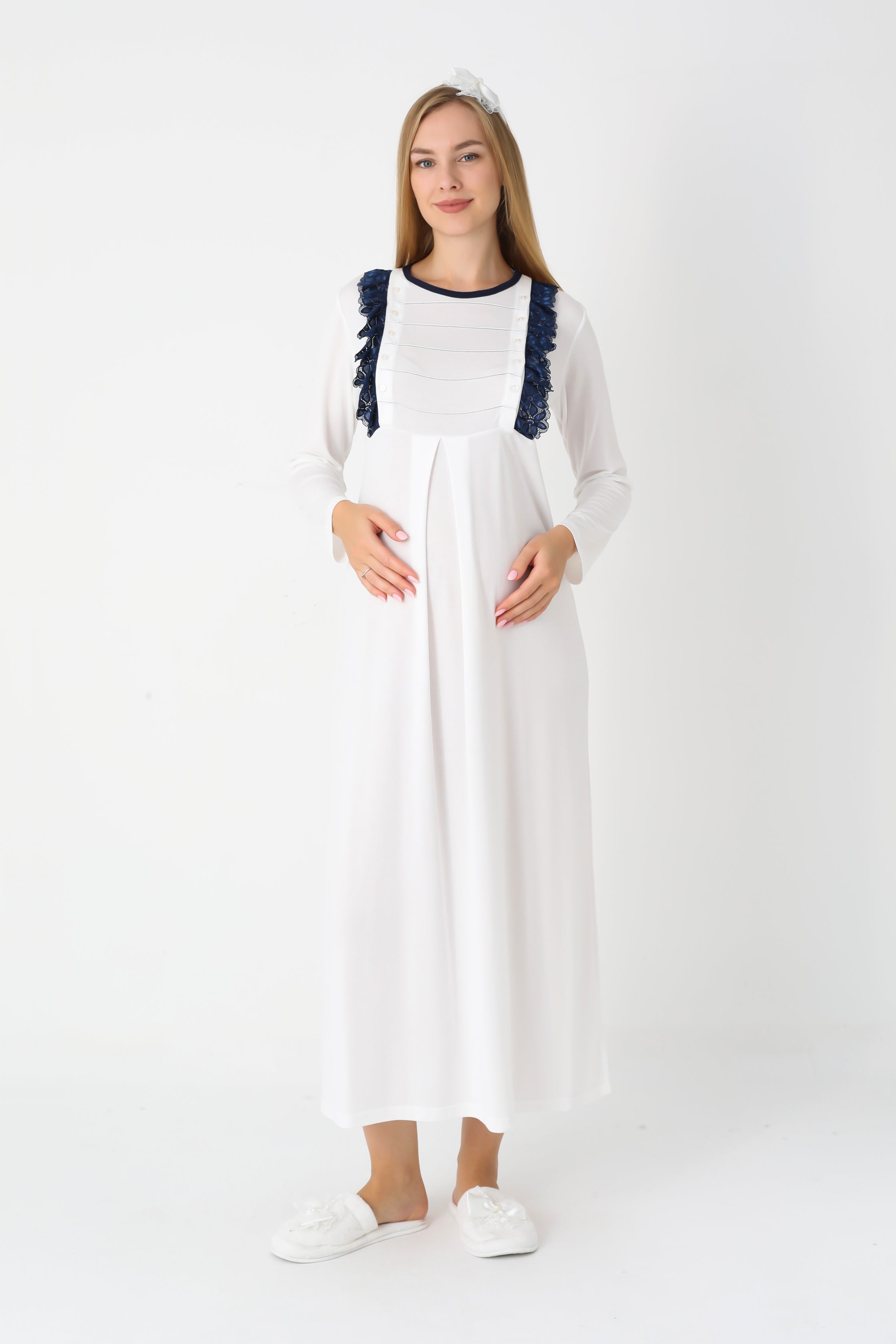 Hamile Lohusa Gecelik & Sabahlık 2’li Set – Puantiyeli Pamuklu Kumaş, Çift Taraflı Düğmeli Emzirme - 2308