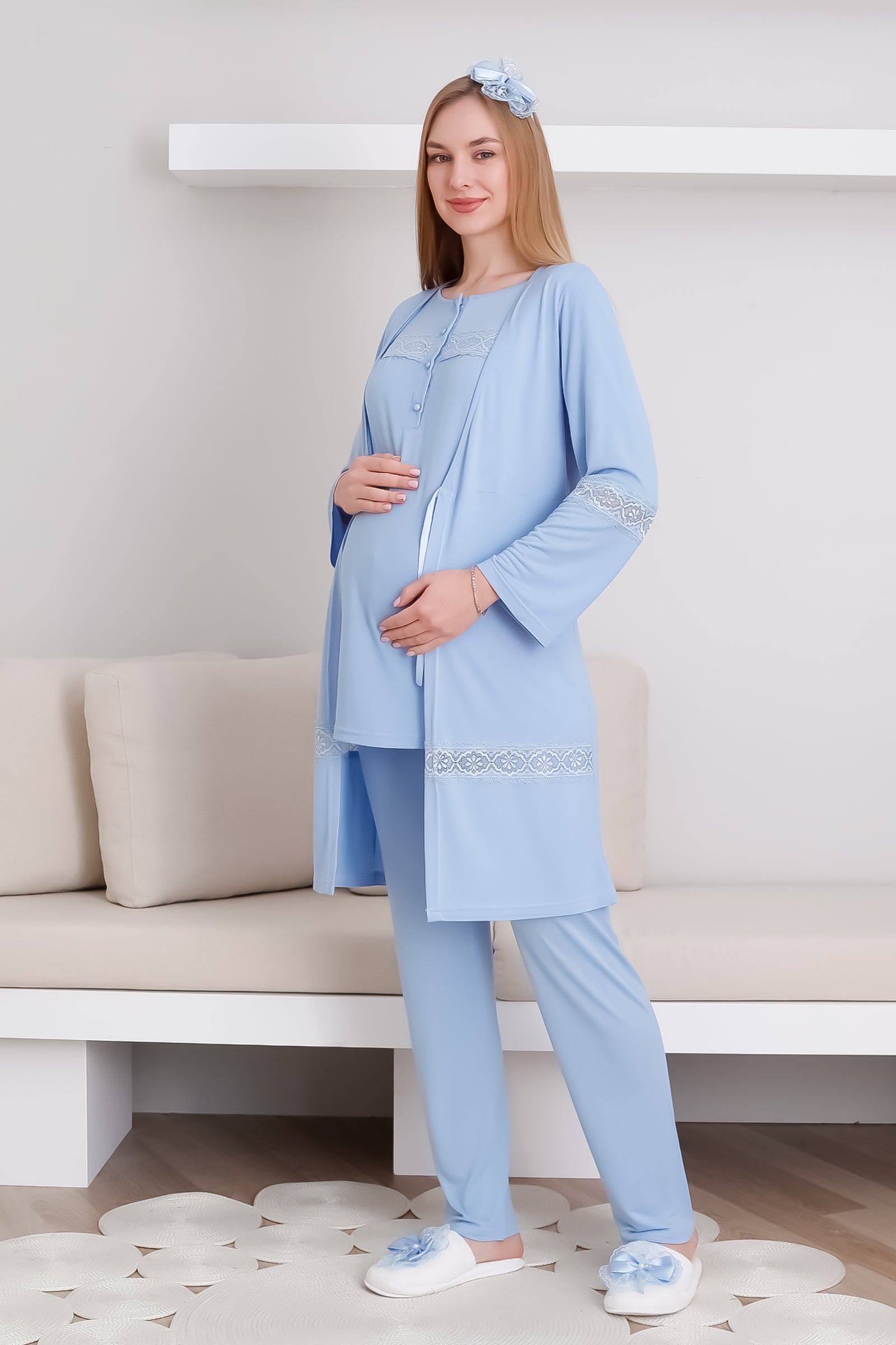 Hamile & Lohusa Pijama Takımı Sabahlıklı Dantel Detaylı ve Önü Düğmeli - 3439