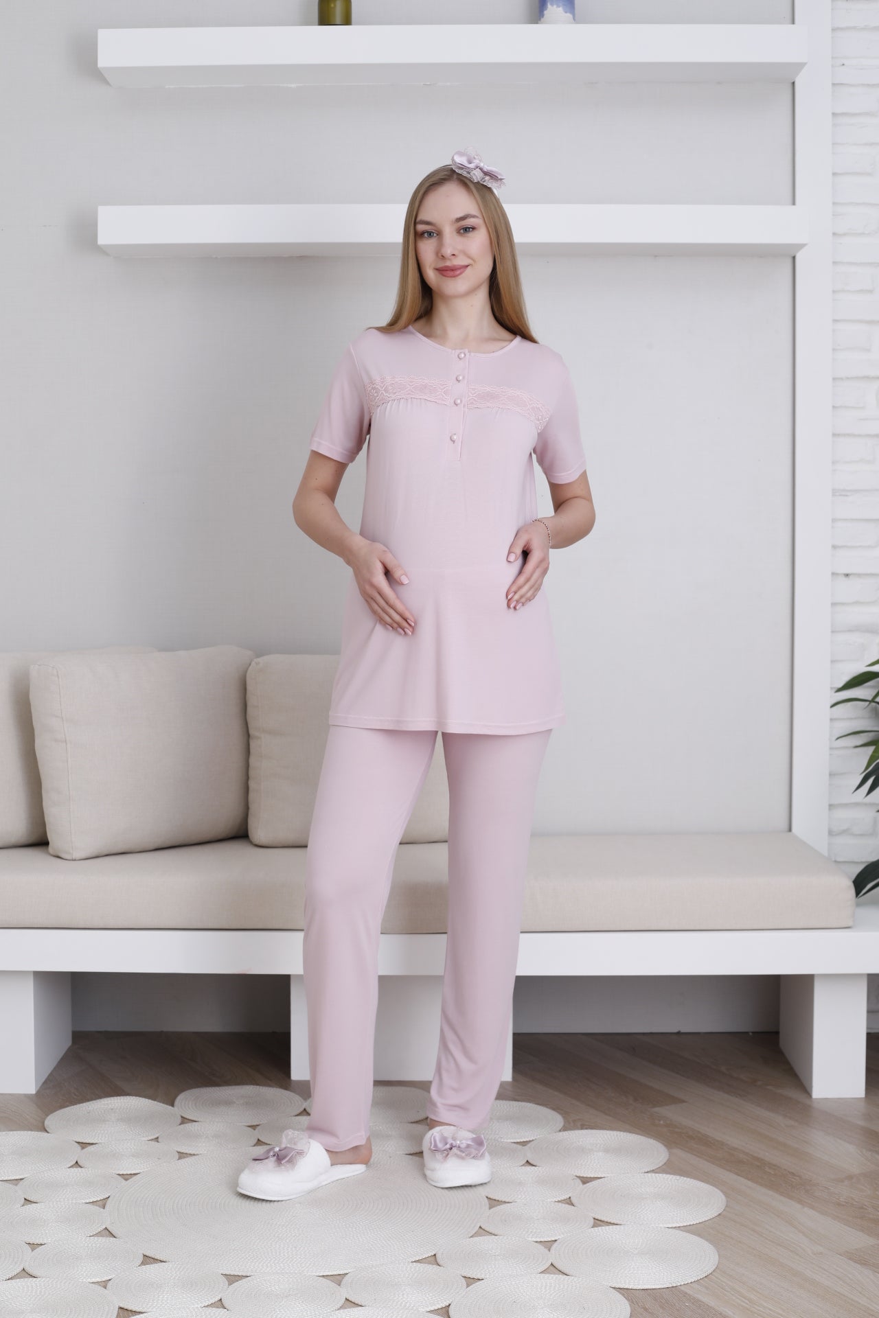 Hamile & Lohusa Pijama Takımı Sabahlıklı Dantel Detaylı ve Önü Düğmeli - 3439