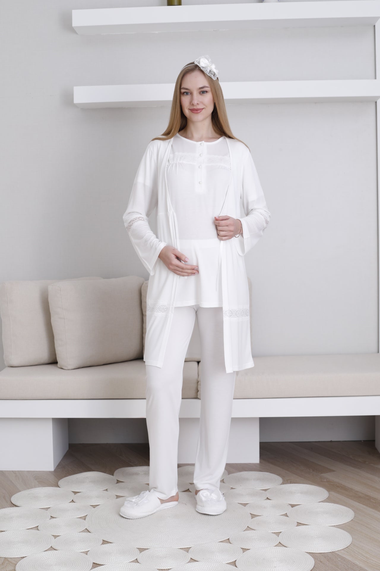 Hamile & Lohusa Pijama Takımı Sabahlıklı Dantel Detaylı ve Önü Düğmeli - 3439