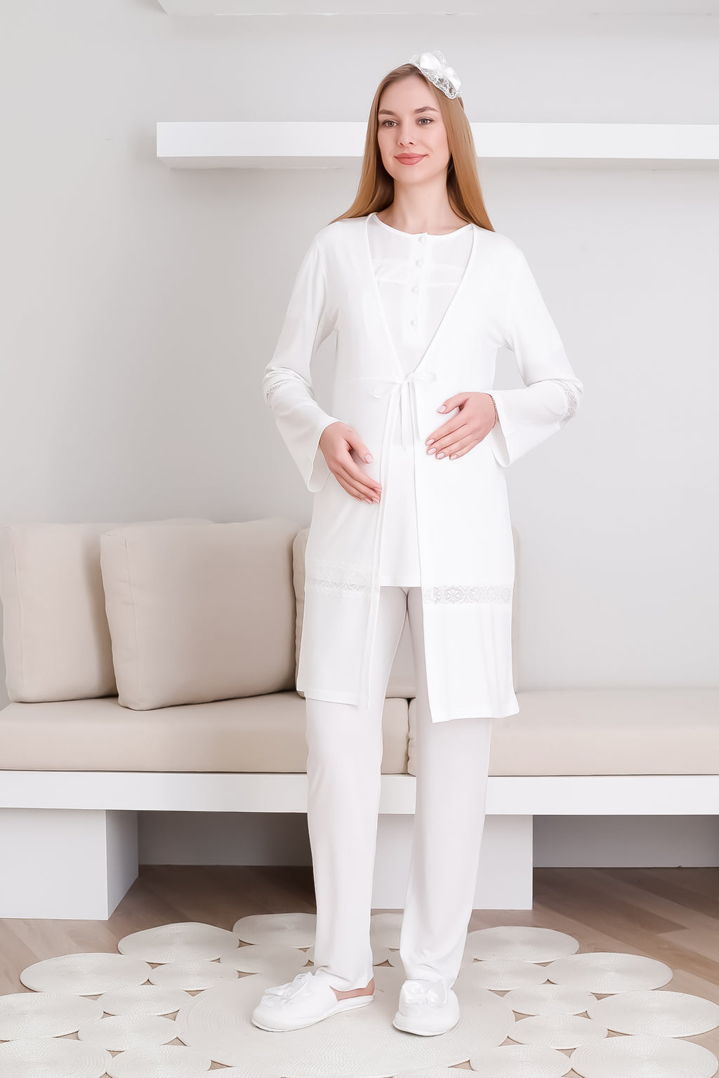Hamile & Lohusa Pijama Takımı Sabahlıklı Dantel Detaylı ve Önü Düğmeli - 3439