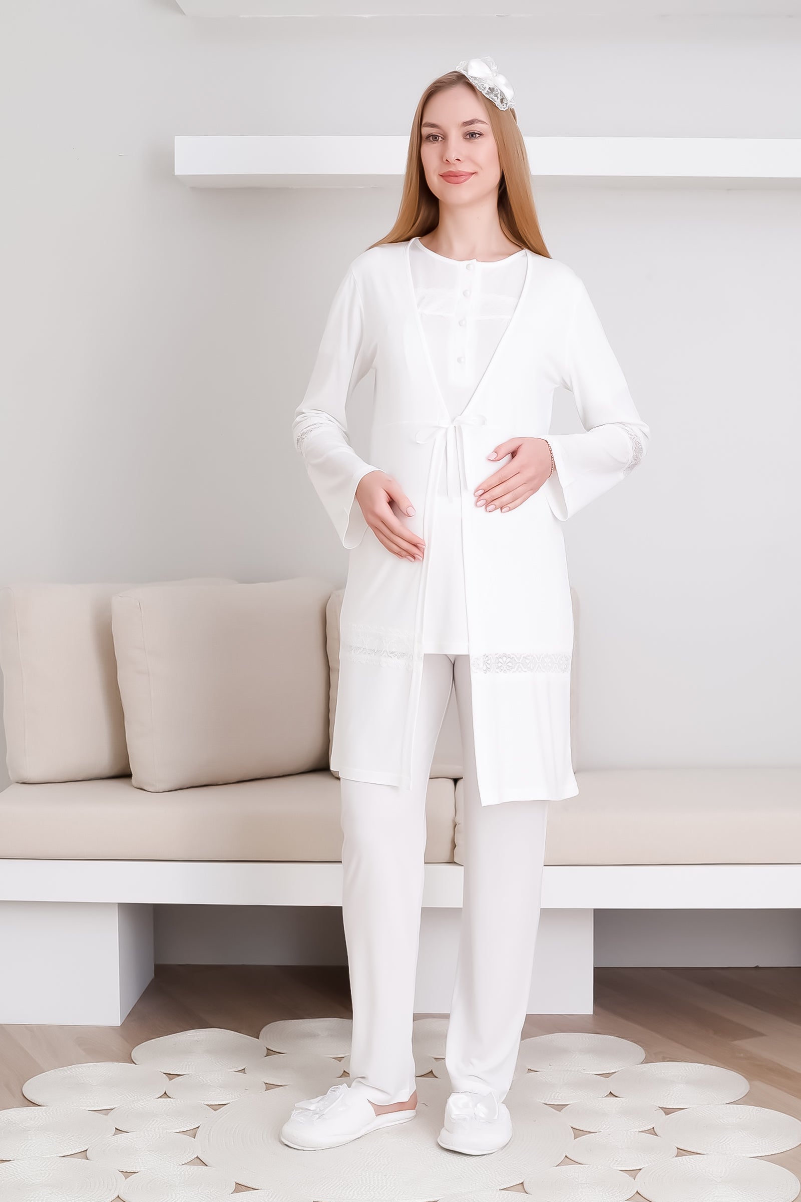 Hamile & Lohusa Pijama Takımı Sabahlıklı Dantel Detaylı ve Önü Düğmeli - 3439