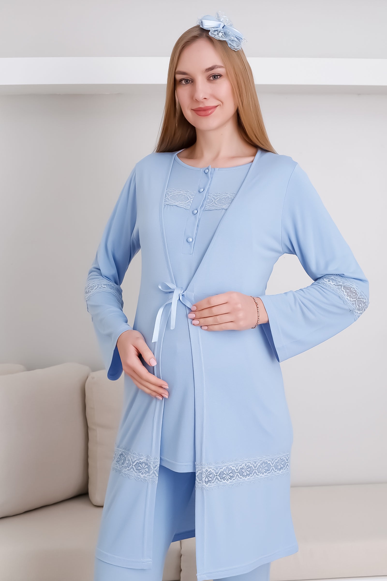 Hamile & Lohusa Pijama Takımı Sabahlıklı Dantel Detaylı ve Önü Düğmeli - 3439