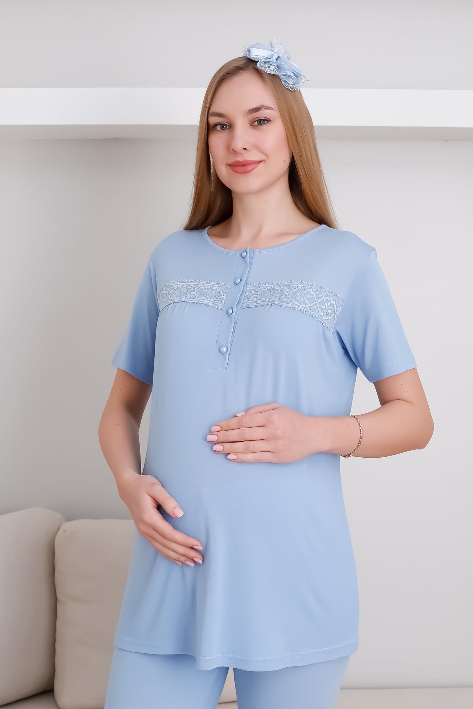 Hamile & Lohusa Pijama Takımı Sabahlıklı Dantel Detaylı ve Önü Düğmeli - 3439