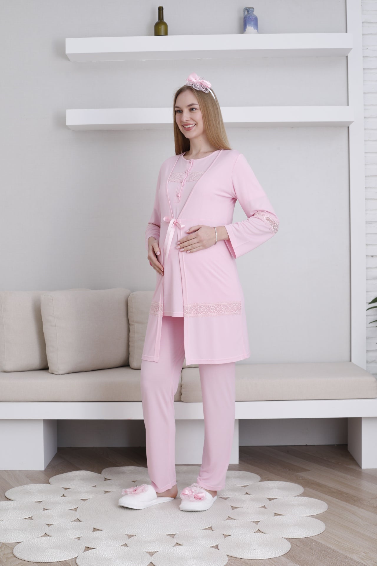 Hamile & Lohusa Pijama Takımı Sabahlıklı Dantel Detaylı ve Önü Düğmeli - 3439