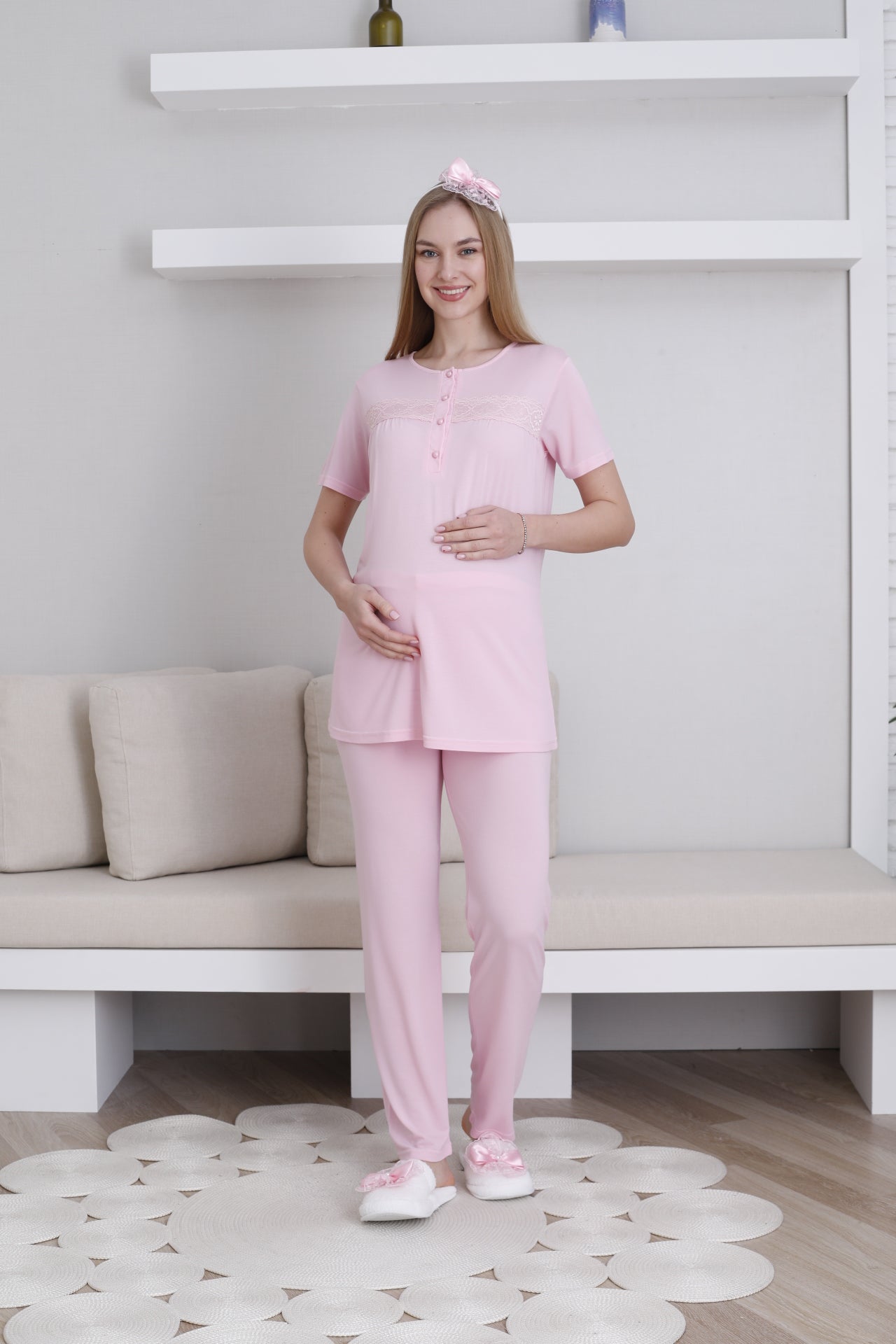 Hamile & Lohusa Pijama Takımı Sabahlıklı Dantel Detaylı ve Önü Düğmeli - 3439