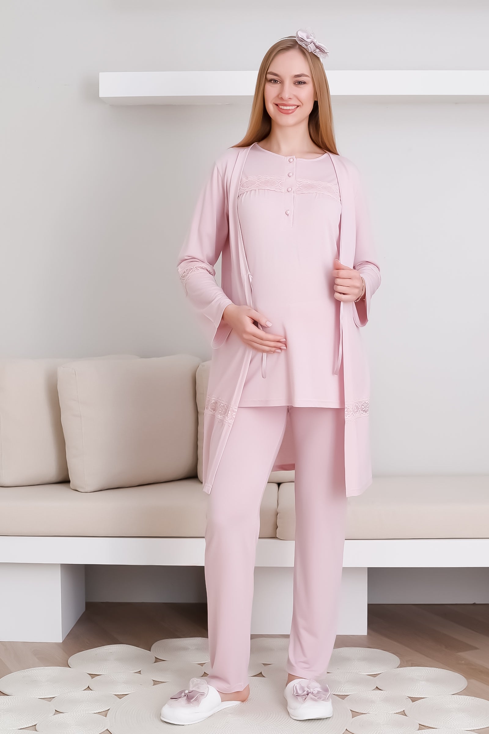 Hamile & Lohusa Pijama Takımı Sabahlıklı Dantel Detaylı ve Önü Düğmeli - 3439