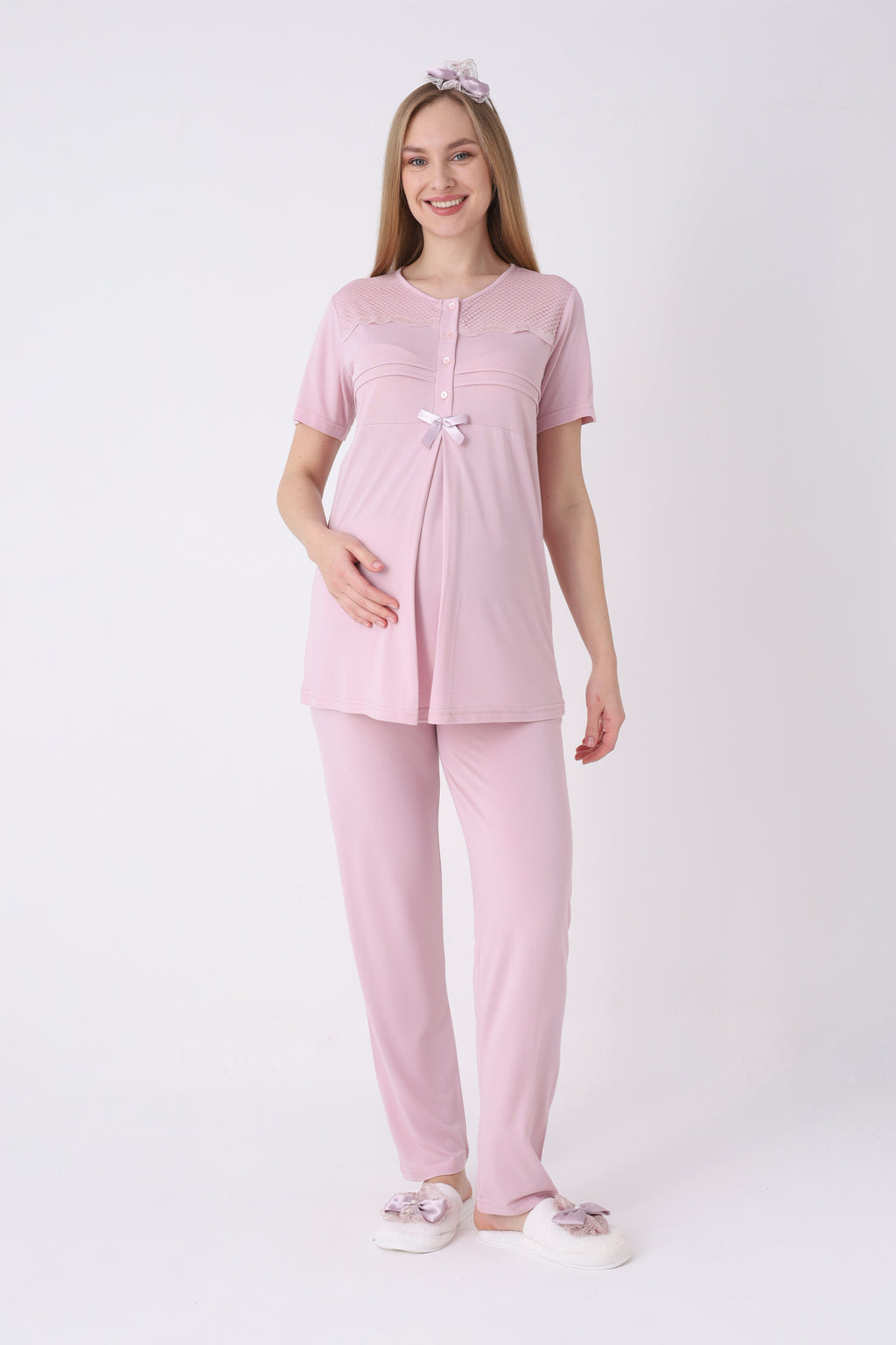 Hamile Pijama ve Sabahlık Takımı 3’lü – Lohusa Pijama Bisiklet Yaka Çizgili Desenli Pamuk Viskoz - 3460