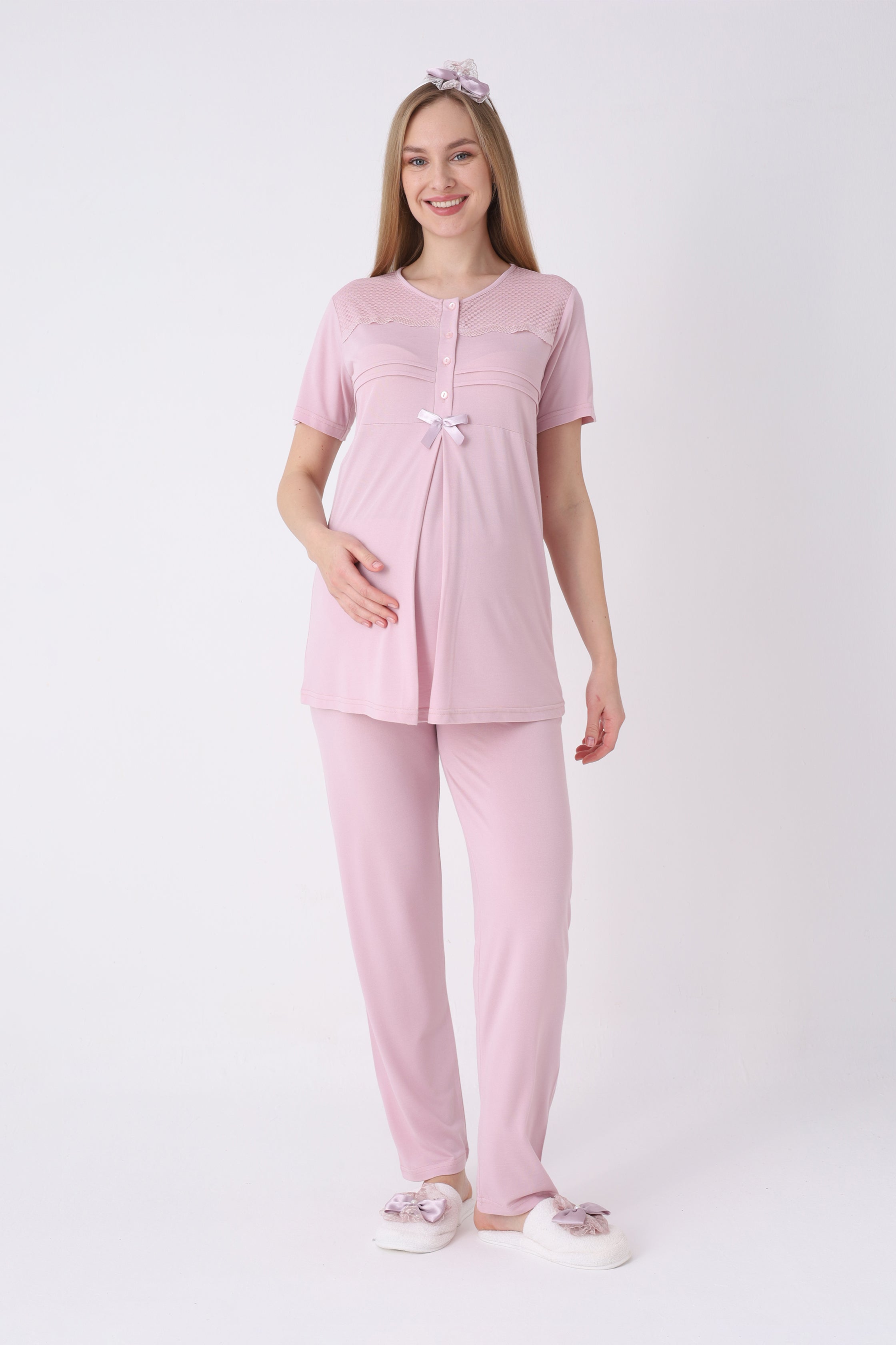 Hamile lohusa pijama ve sabahlık takımı bisiklet yaka çizgili desenli pamuk viskoz 3'lü 8