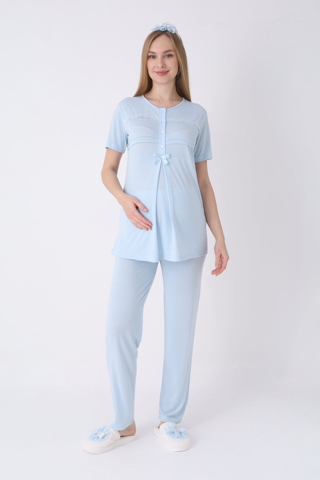 Hamile Pijama ve Sabahlık Takımı 3’lü – Lohusa Pijama Bisiklet Yaka Çizgili Desenli Pamuk Viskoz - 3460