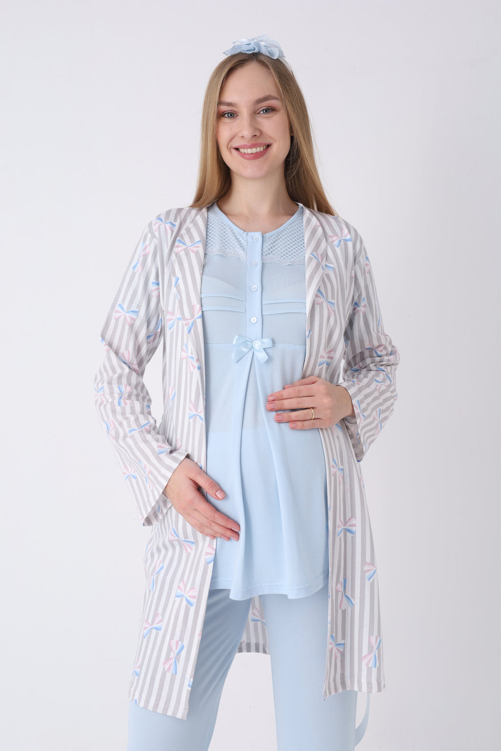 Hamile Pijama ve Sabahlık Takımı 3’lü – Lohusa Pijama Bisiklet Yaka Çizgili Desenli Pamuk Viskoz - 3460