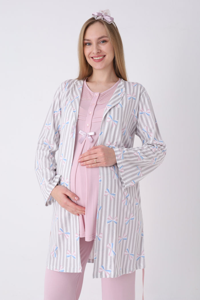 Hamile Pijama ve Sabahlık Takımı 3’lü – Lohusa Pijama Bisiklet Yaka Çizgili Desenli Pamuk Viskoz - 3460