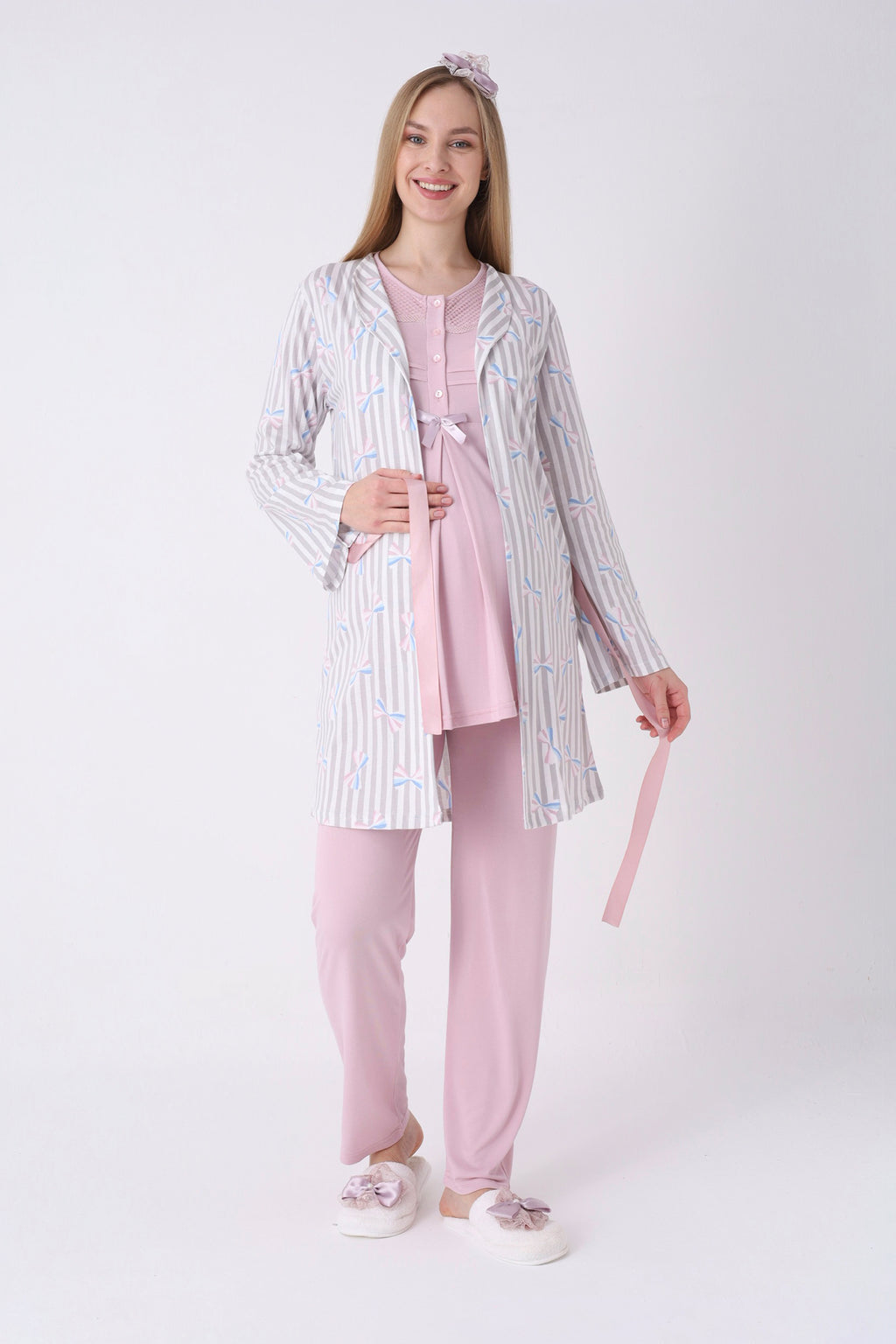 Hamile Pijama ve Sabahlık Takımı 3’lü – Lohusa Pijama Bisiklet Yaka Çizgili Desenli Pamuk Viskoz - 3460