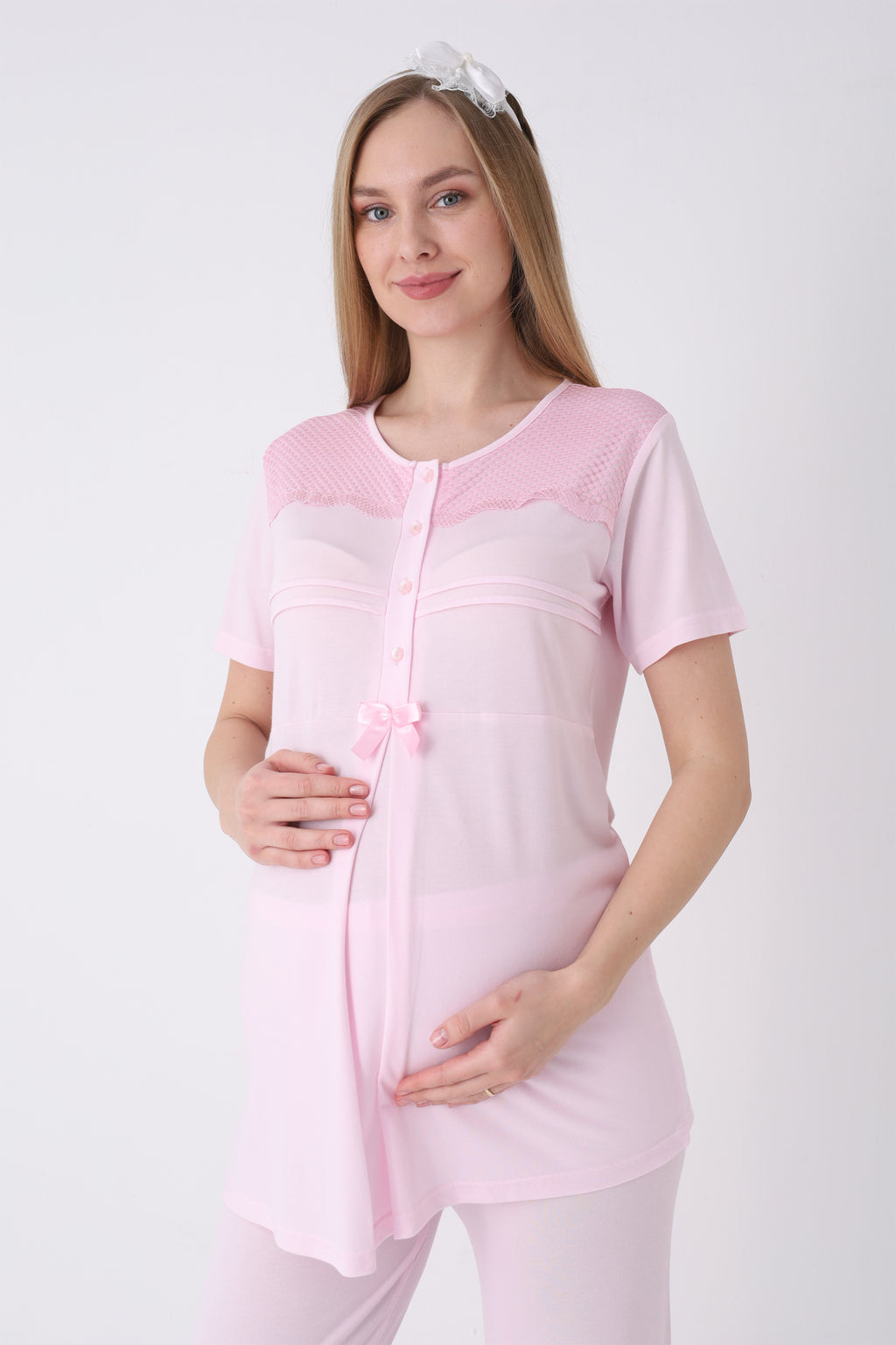 Hamile Pijama ve Sabahlık Takımı 3’lü – Lohusa Pijama Bisiklet Yaka Çizgili Desenli Pamuk Viskoz - 3460