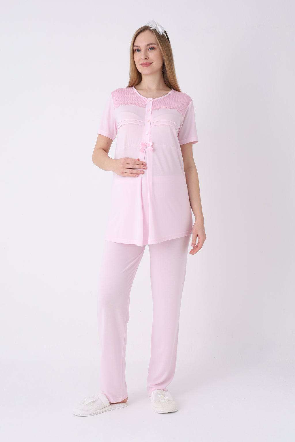 Hamile Pijama ve Sabahlık Takımı 3’lü – Lohusa Pijama Bisiklet Yaka Çizgili Desenli Pamuk Viskoz - 3460