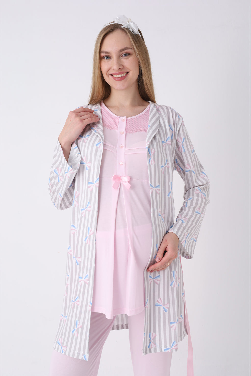 Hamile Pijama ve Sabahlık Takımı 3’lü – Lohusa Pijama Bisiklet Yaka Çizgili Desenli Pamuk Viskoz - 3460