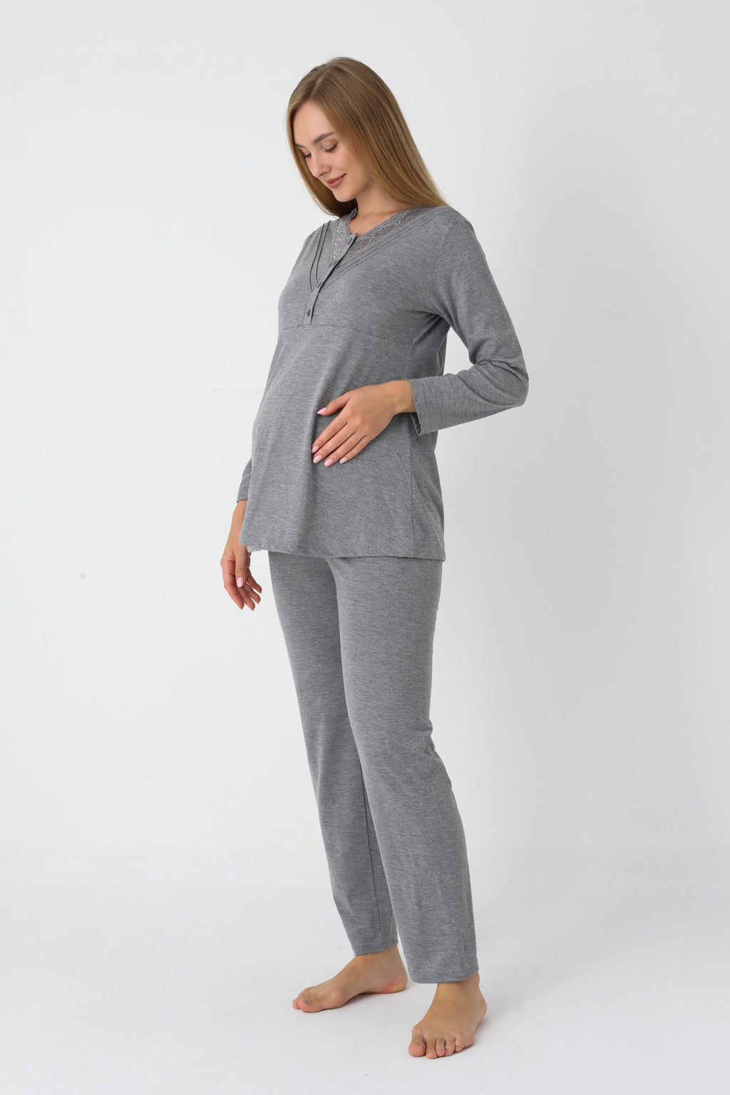 Çiçek Desenli Penye Sabahlıklı 3'lü Hamile Lohusa Pijama Takımı - 3452