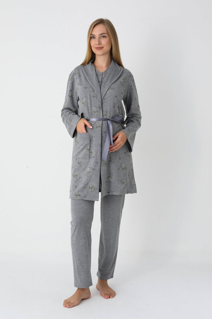 Çiçek Desenli Penye Sabahlıklı 3'lü Hamile Lohusa Pijama Takımı - 3452
