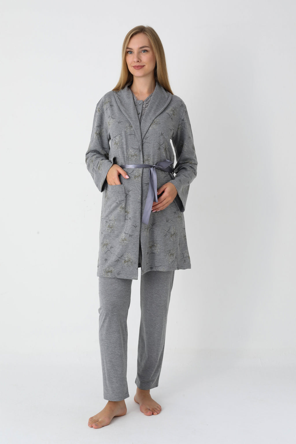 Çiçek Desenli Penye Sabahlıklı 3'lü Hamile Lohusa Pijama Takımı - 3452