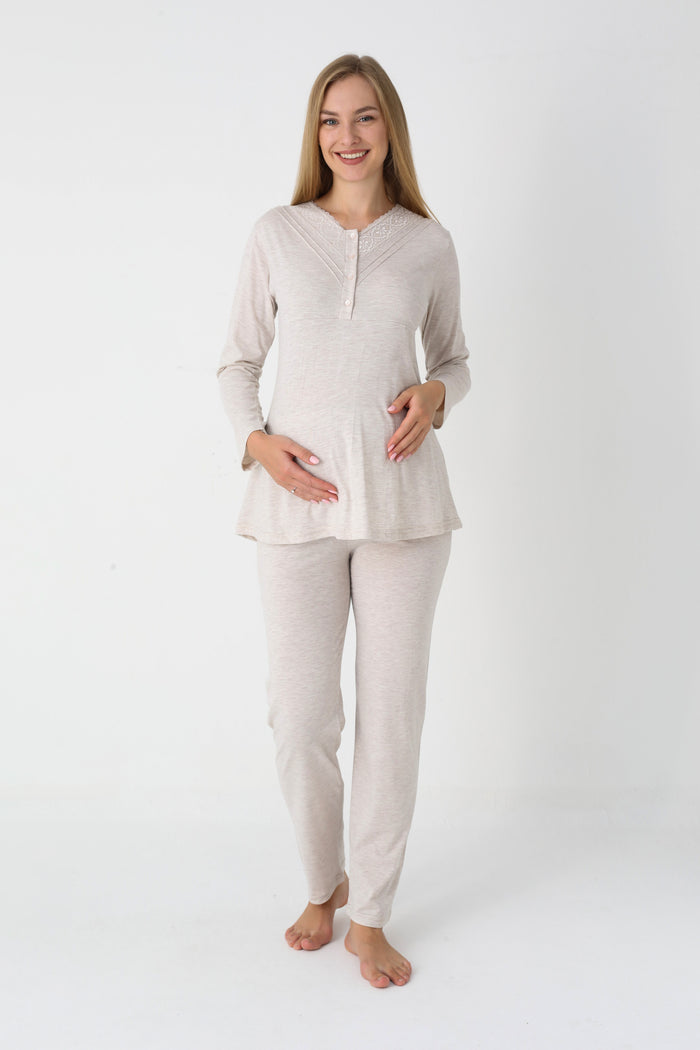 Çiçek Desenli Penye Sabahlıklı 3'lü Hamile Lohusa Pijama Takımı - 3452