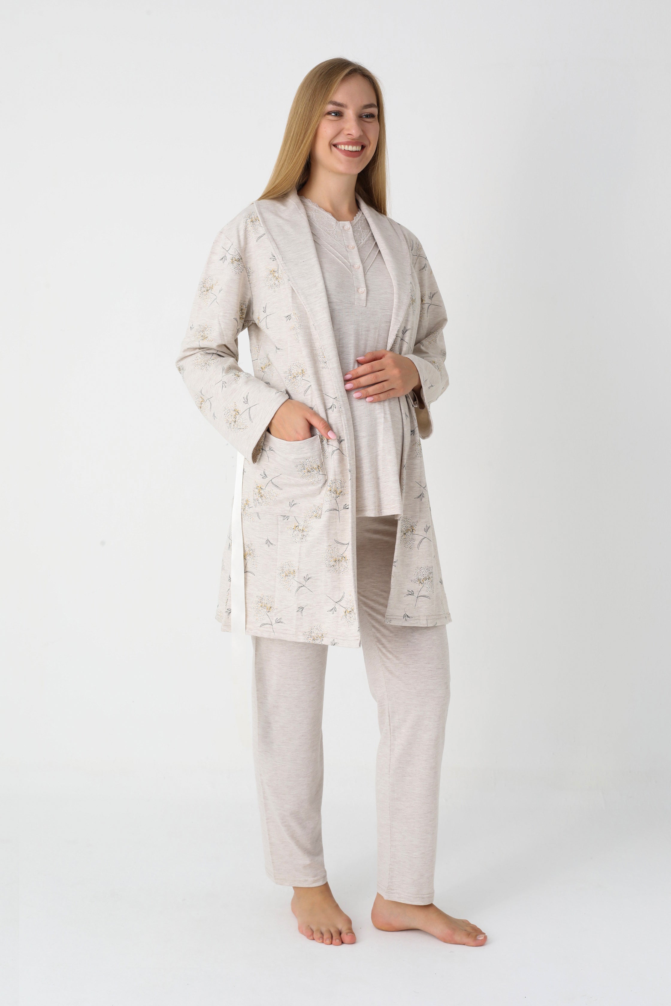 Çiçek Desenli Penye Sabahlıklı 3'lü Hamile Lohusa Pijama Takımı