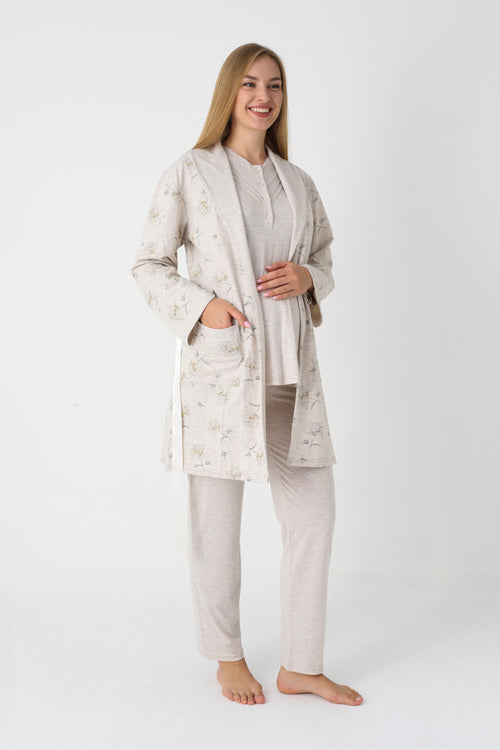 Çiçek Desenli Penye Sabahlıklı 3'lü Hamile Lohusa Pijama Takımı