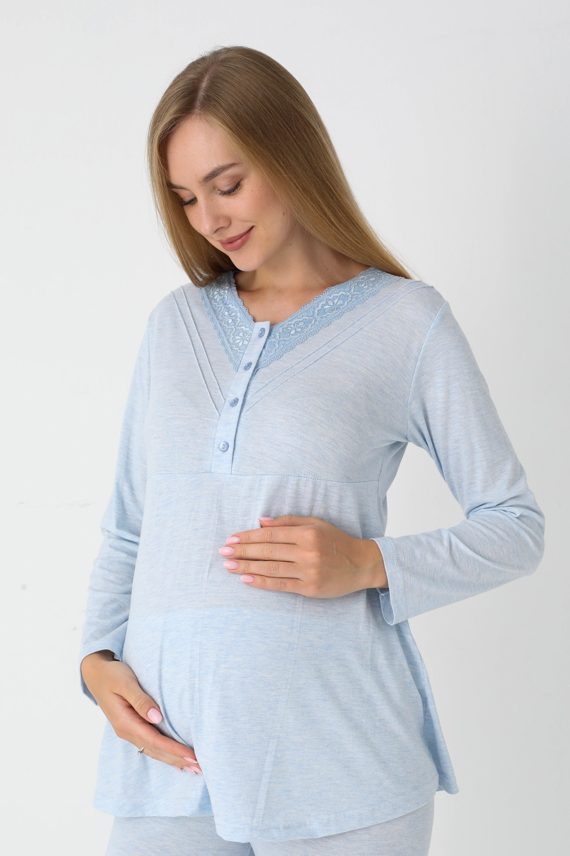 Çiçek Desenli Penye Sabahlıklı 3'lü Hamile Lohusa Pijama Takımı