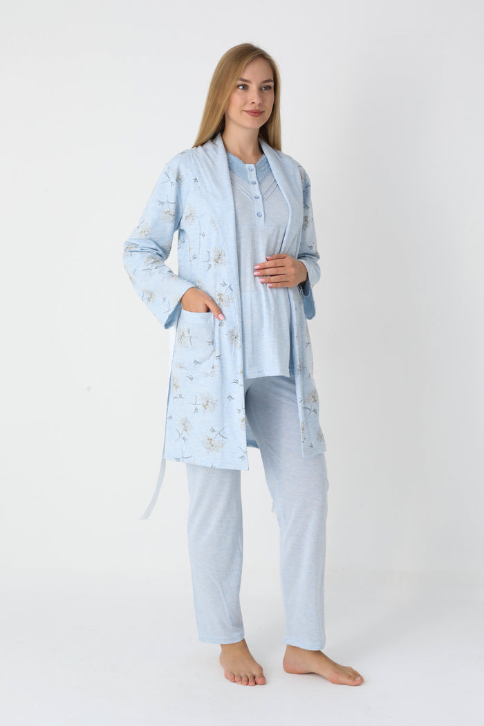 Çiçek Desenli Penye Sabahlıklı 3'lü Hamile Lohusa Pijama Takımı - 3452