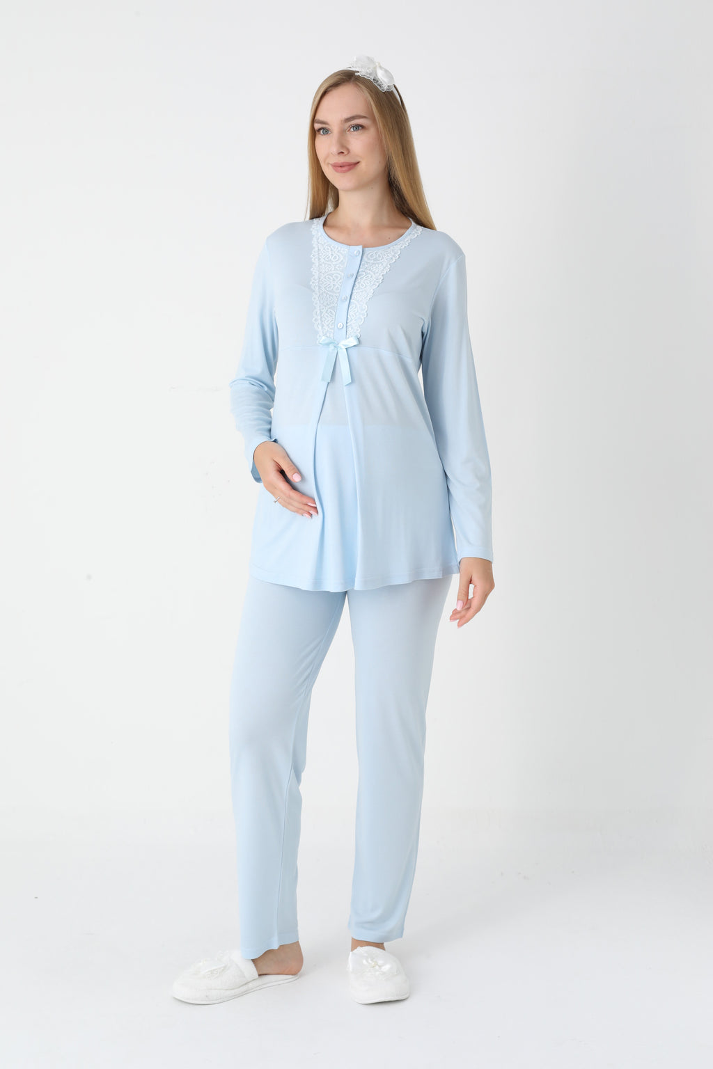 Dantel Kollu 3'lü Lohusa Pijama ve Sabahlık Takımı (Pamuklu Viskon) - 3448
