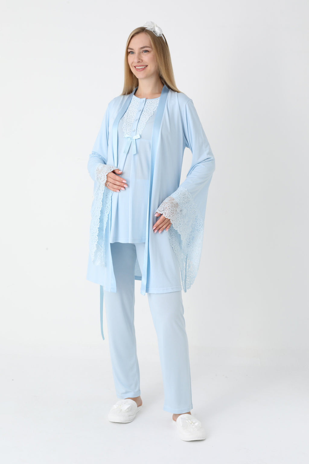 Dantel Kollu 3'lü Lohusa Pijama ve Sabahlık Takımı (Pamuklu Viskon) - 3448