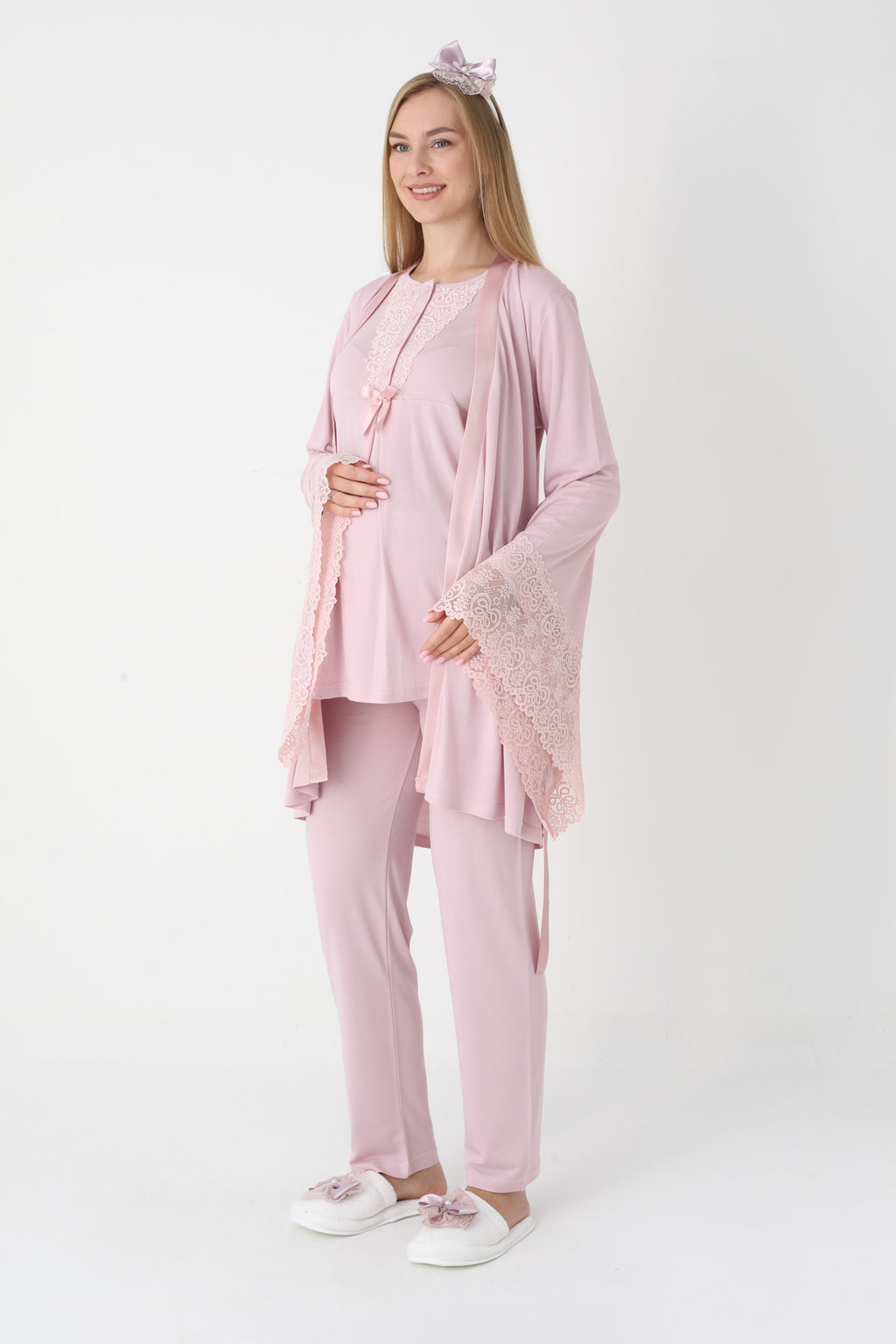 Hamile lohusa pijama ve sabahlık takımı dantel kollu pamuklu viskon 3'lü