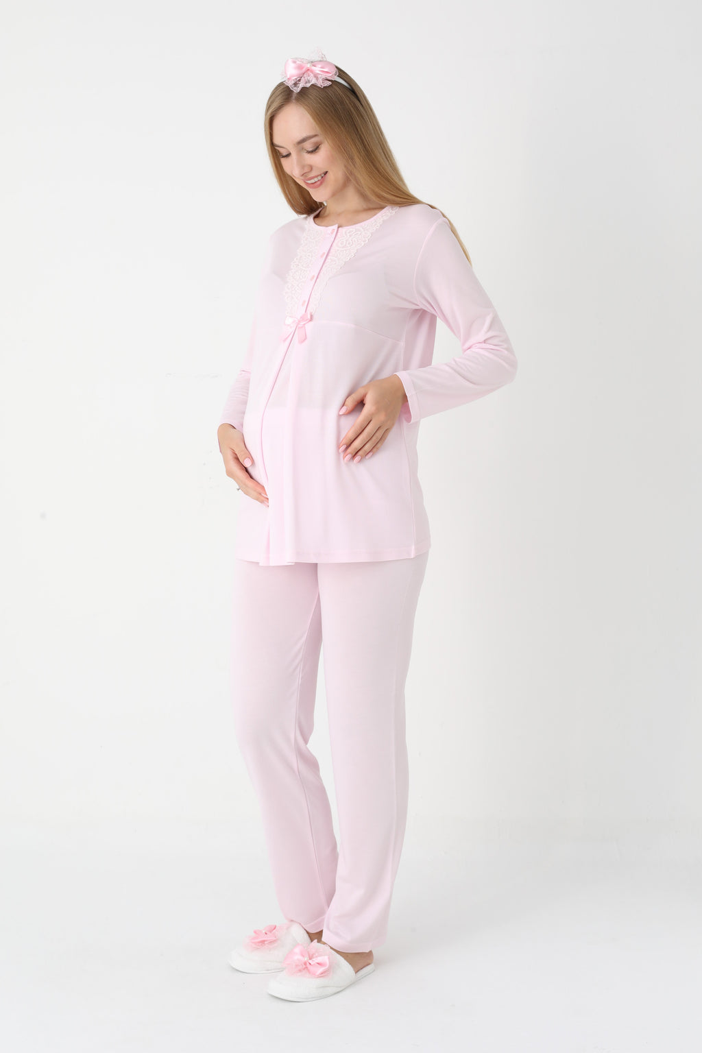 Dantel Kollu 3'lü Lohusa Pijama ve Sabahlık Takımı (Pamuklu Viskon) - 3448