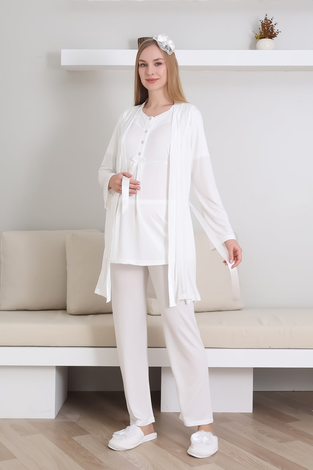 Hamile Pijama Takım / Kısa Kol Pijama Uzun Dantel Detay Sabahlık Takım / Lohusa Pamuklu Pijama - 3435