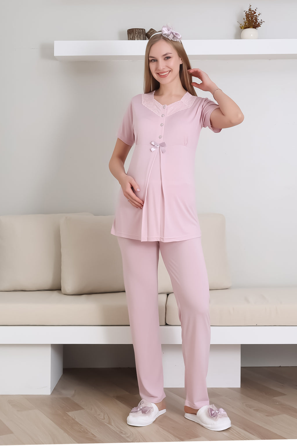 Hamile Pijama Takım / Kısa Kol Pijama Uzun Dantel Detay Sabahlık Takım / Lohusa Pamuklu Pijama - 3435