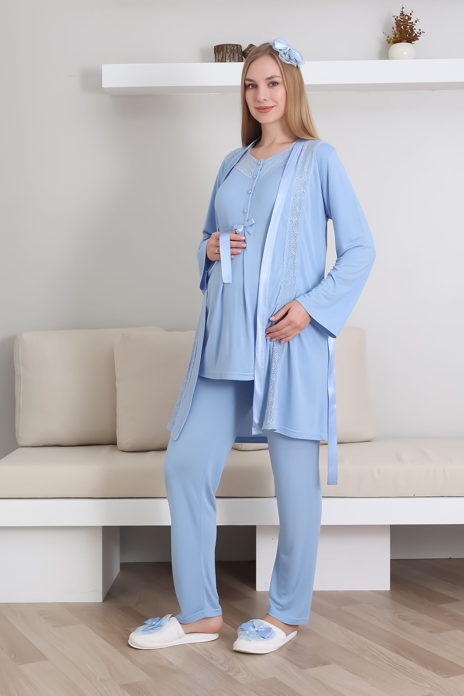 Hamile Pijama Takım / Kısa Kol Pijama Uzun Dantel Detay Sabahlık Takım / Lohusa Pamuklu Pijama - 3435
